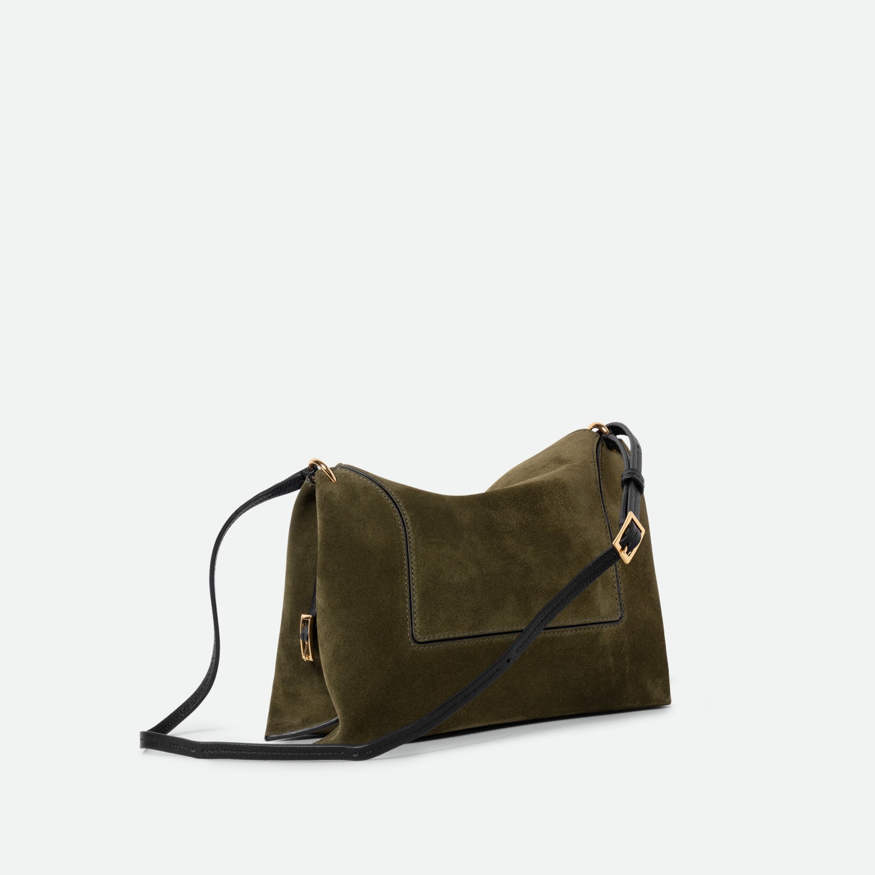 Wandler Penelope Slouch Bag in the color Orion Crust deep dark blue, made from calf leather with golden hardware and adjustable slim strap, three quarters view. 
