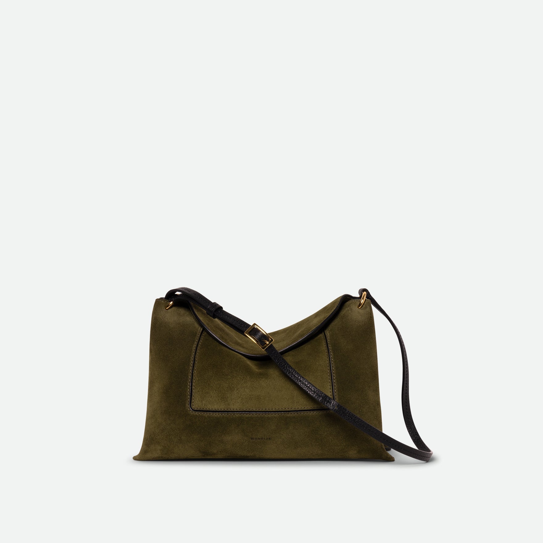 Wandler Penelope Slouch Bag in the color Olive Suede, deep dark green, made from calf leather with golden hardware and adjustable slim strap, front view.
