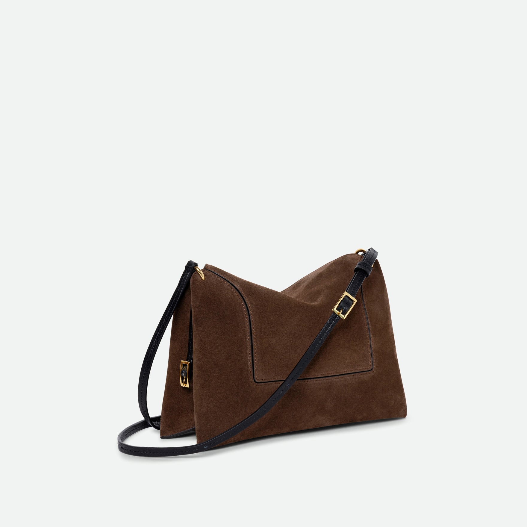 Wandler Penelope Slouch Bag in the color Palissander Suede, made from calf leather with golden hardware and adjustable slim strap, three quarters view.