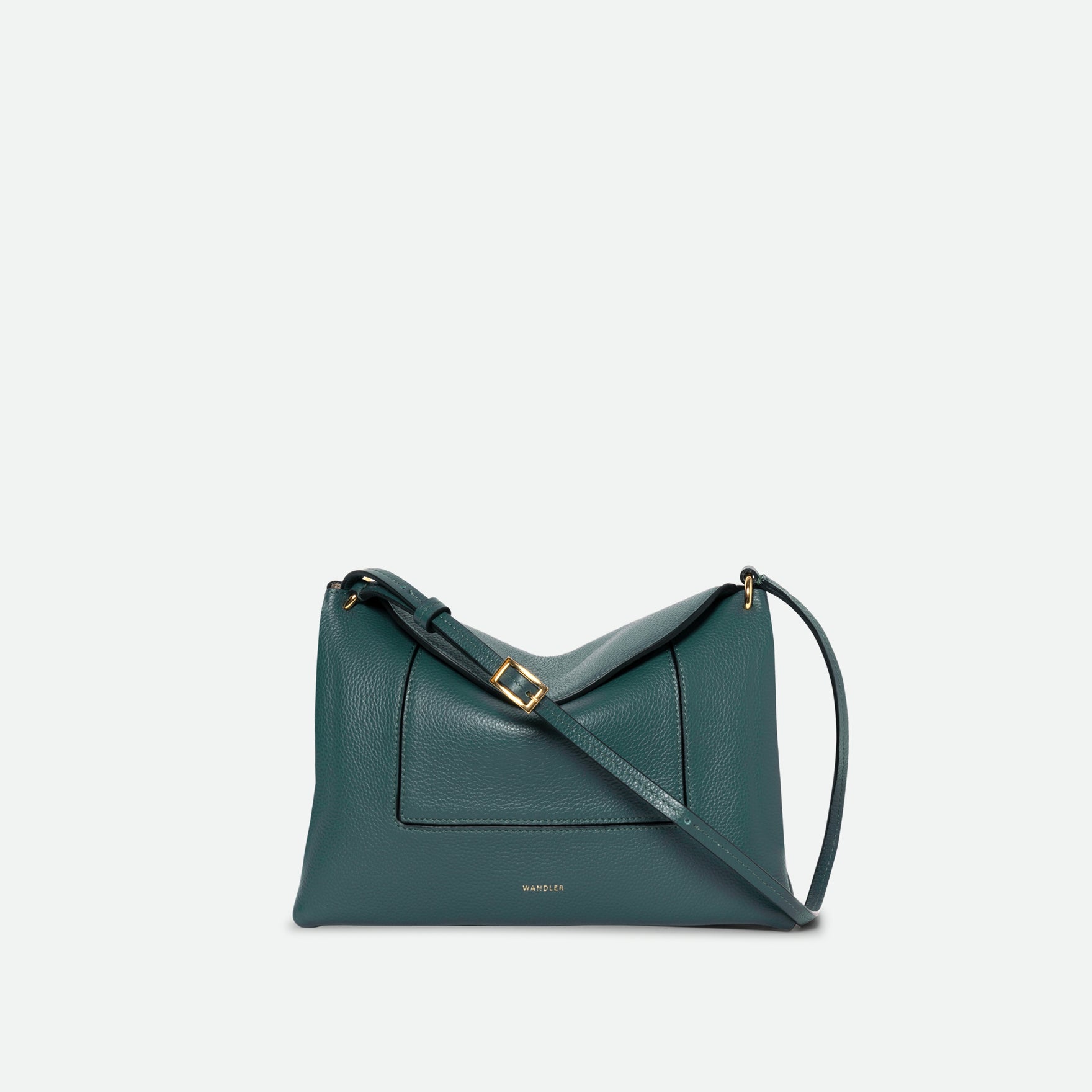 Wandler Penelope Slouch Bag in the color Teal Crust made from calf leather with golden hardware and adjustable slim strap, front view.

