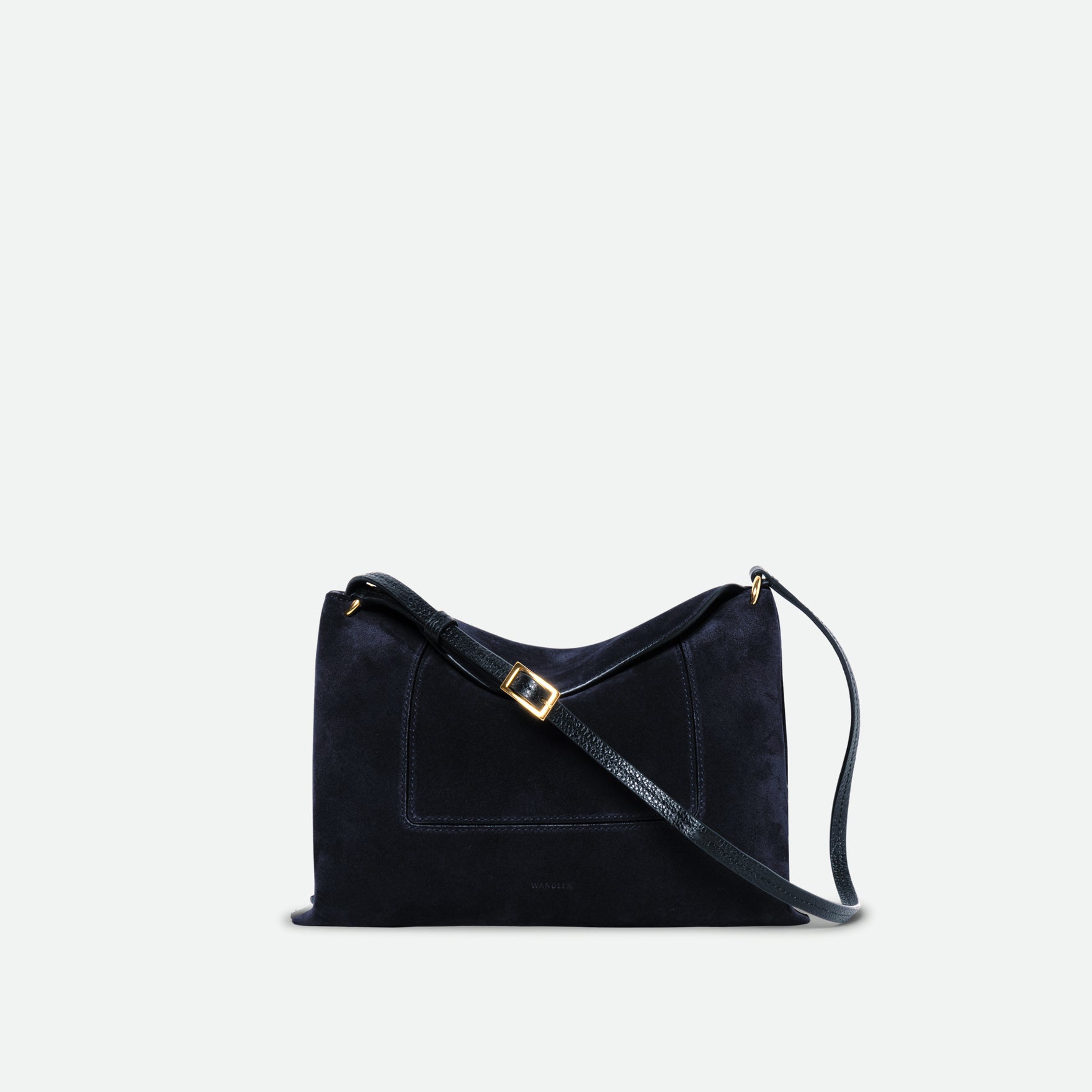 Wandler Penelope Slouch Bag in the color Orion Suede, deep dark blue, made from calf leather with golden hardware and adjustable slim strap, front view