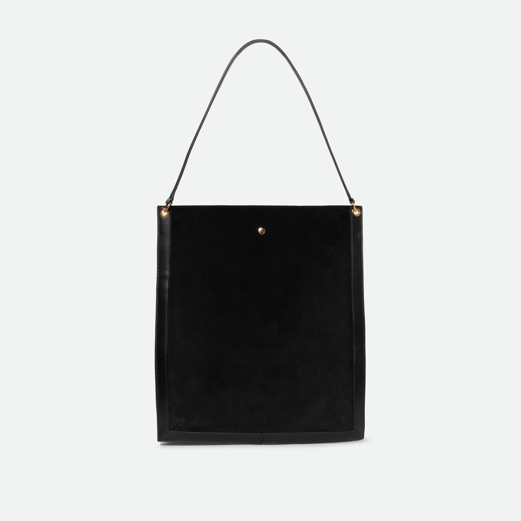 Wandler Penny Tote in the color Black Suede, made from Italian calf leather with hand-painted black edges and golden hardware, backside view.