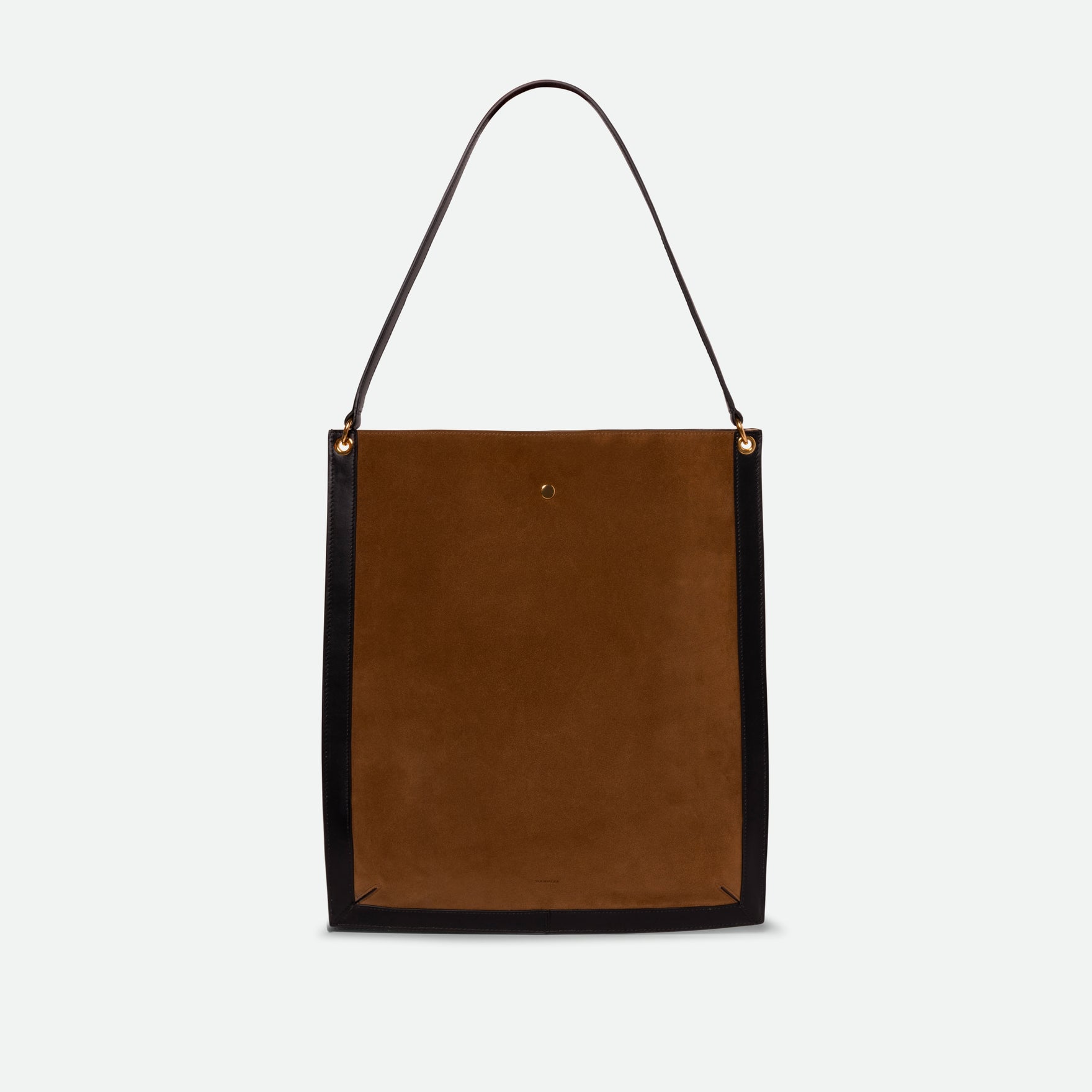 Wandler Penny Tote in the color Tabacco Suede, made from Italian calf leather with hand-painted black edges and golden hardware, backside view.