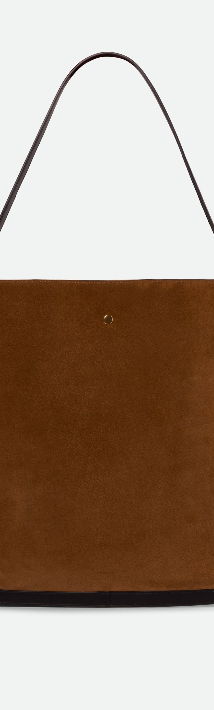 Wandler Penny Tote in the color Tabacco Suede, made from Italian calf leather with hand-painted black edges and golden hardware, backside view.