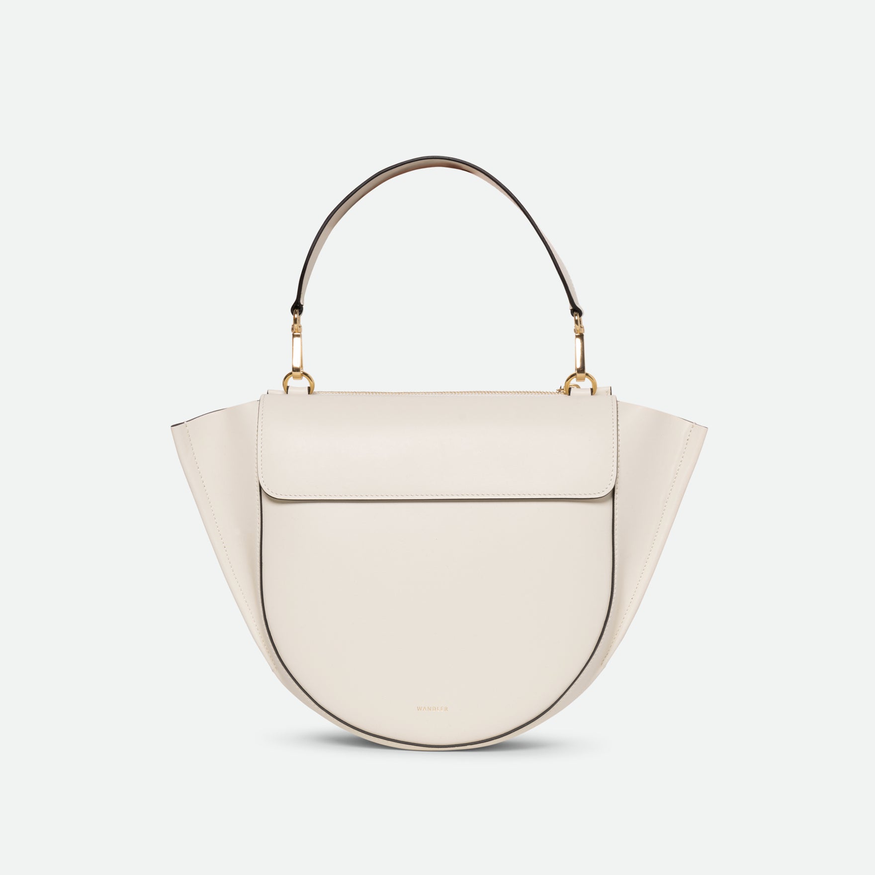 Wandler Hortensia Bag Medium in the color luck, white, made from Italian calf leather with golden hardware, rounded silhouette and top handle, front view. 