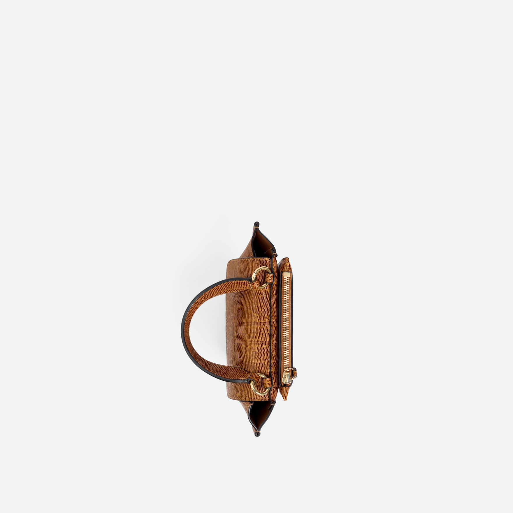 Wandler Hortensia Bag Piccola in the color Tabacco Lizzard, warm light brown with lizzard motive, made from Italian calf leather with golden hardware and rounded silhouette, topside view.
