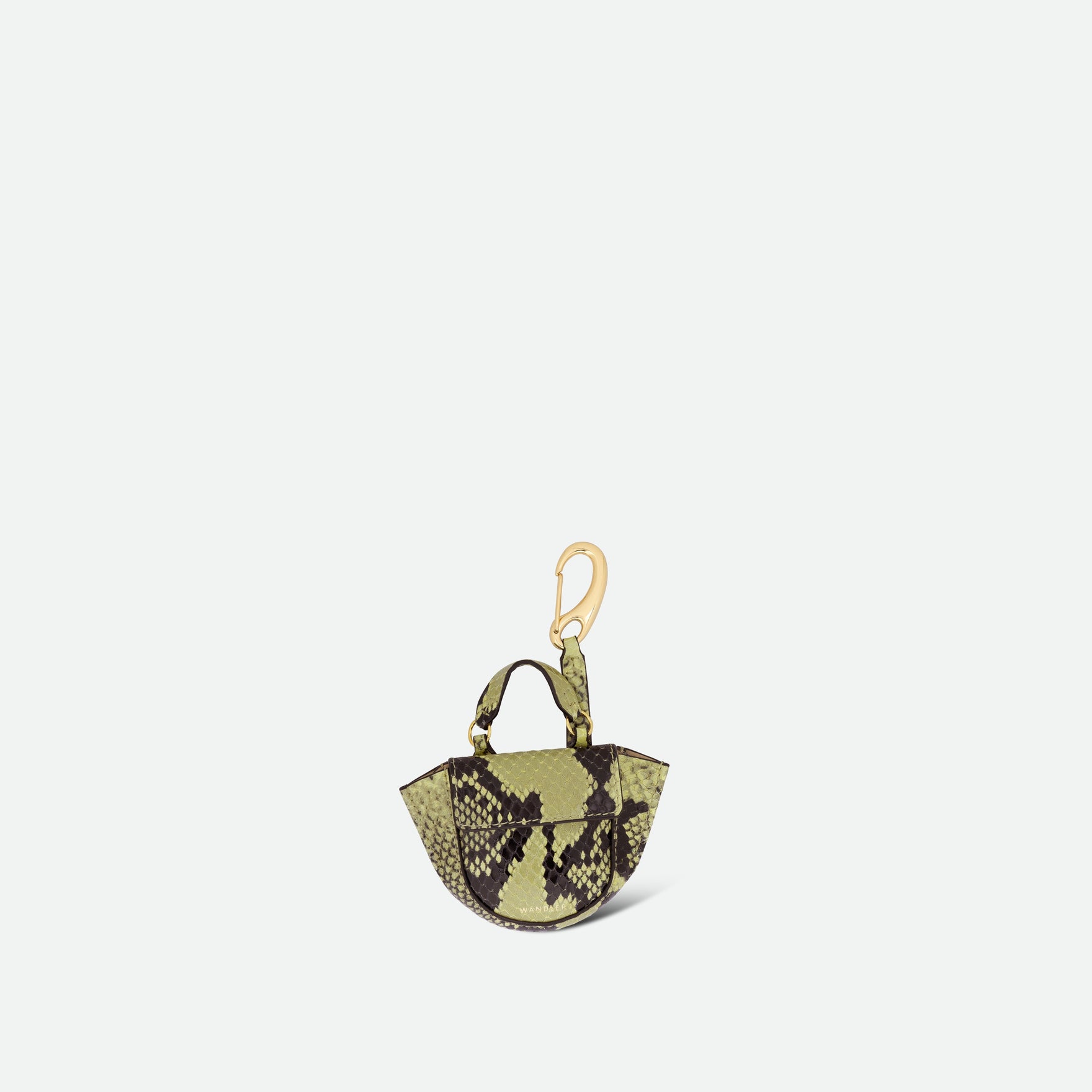 Wandler Hortensia Micro in the color Lime Python, green with snake print, leather with golden hardware, shown as a bag charm, front view.