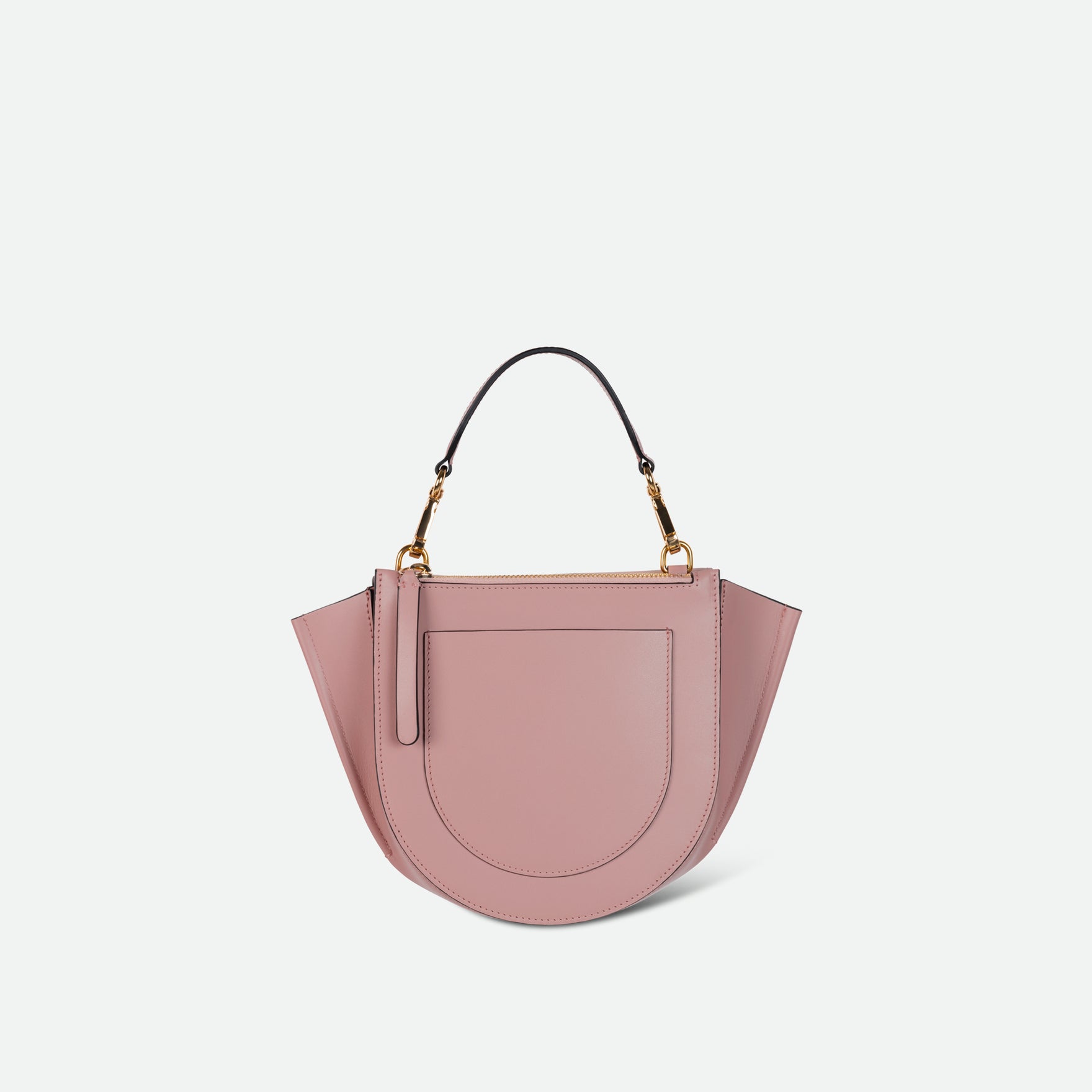 Wandler Hortensia Bag Mini in the color Apricot, light pink, Italian calf leather with golden hardware, rounded silhouette and top handle, backside view.