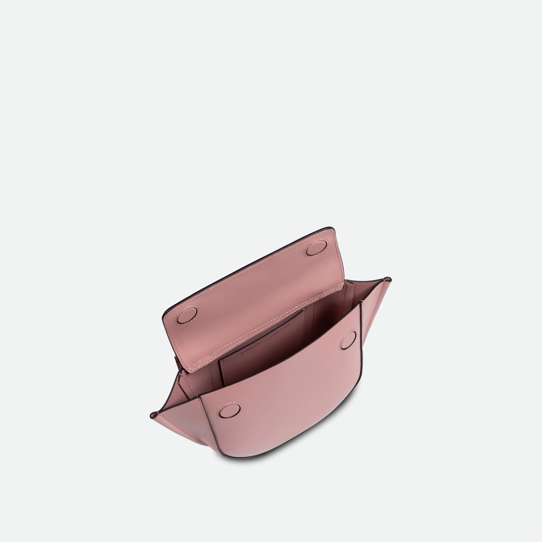 Wandler Hortensia Bag Mini in the color Apricot, light pink, Italian calf leather with golden hardware, rounded silhouette and top handle. The bag is pictured from the front with the flap open, giving a slight view of the inside of the bag.