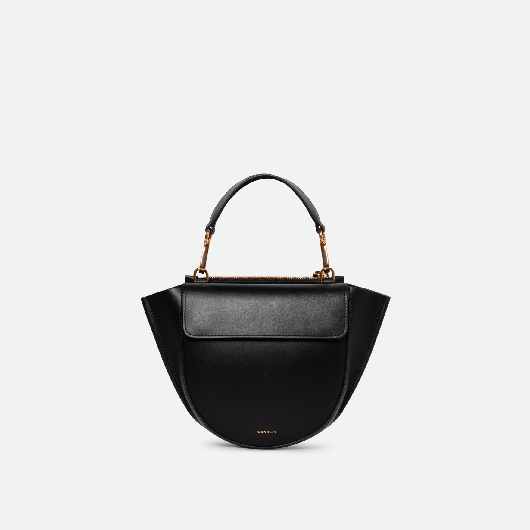 Wandler Hortensia Bag Mini in the color black, Italian calf leather with golden hardware, rounded silhouette and top handle, front view.