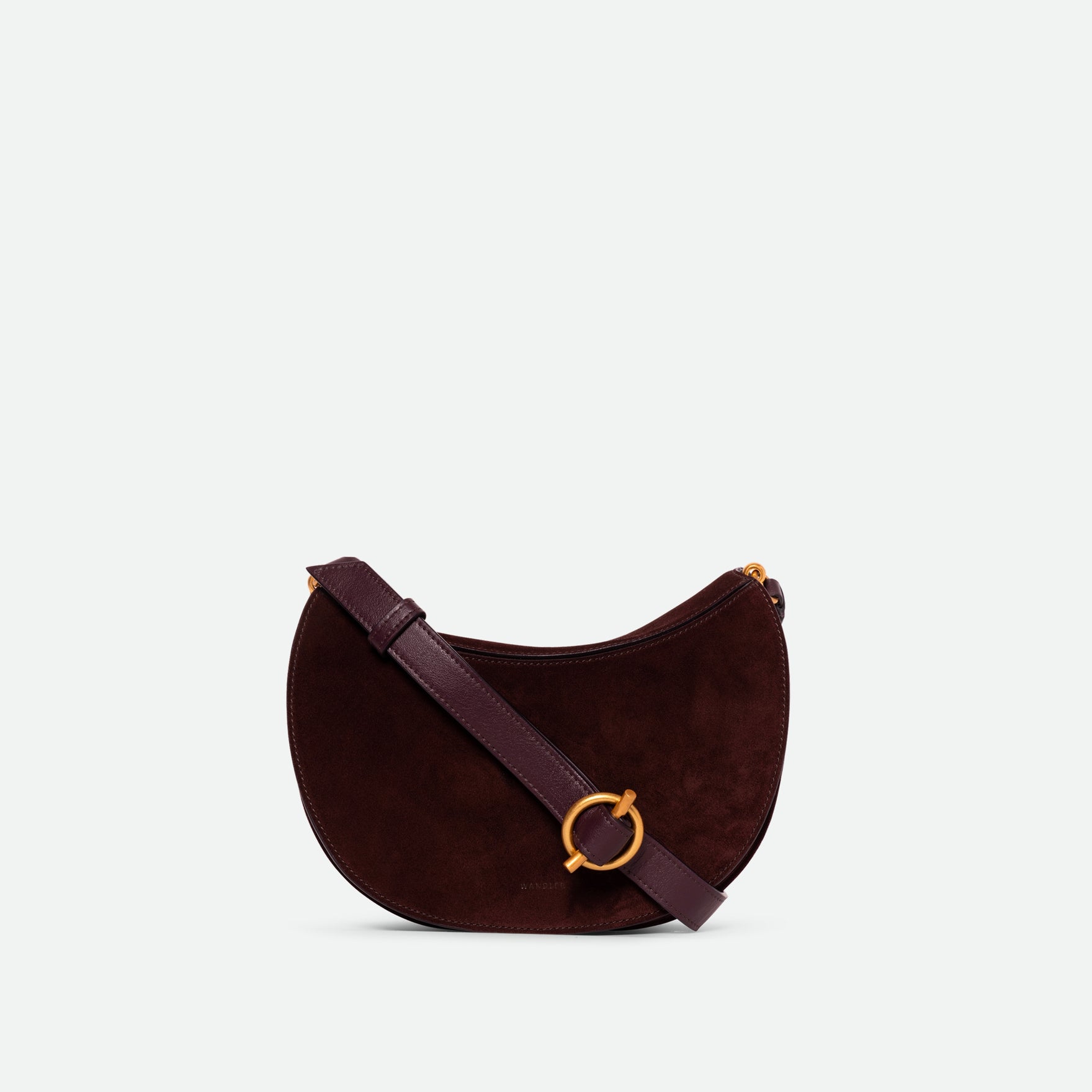 Wandler Kate Bag in the color Acai Suede, made from calf leather with golden hardware and adjustable shoulder strap, front view.