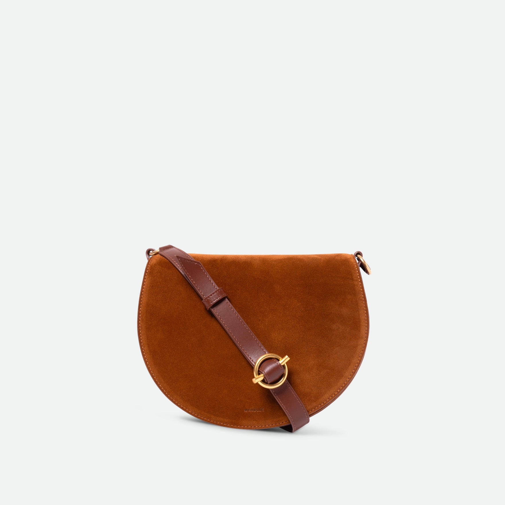 Wandler Kate Saddle Bag in the color Tan Suede, warm brown, calf leather with golden hardware and adjustable shoulder strap, front view.