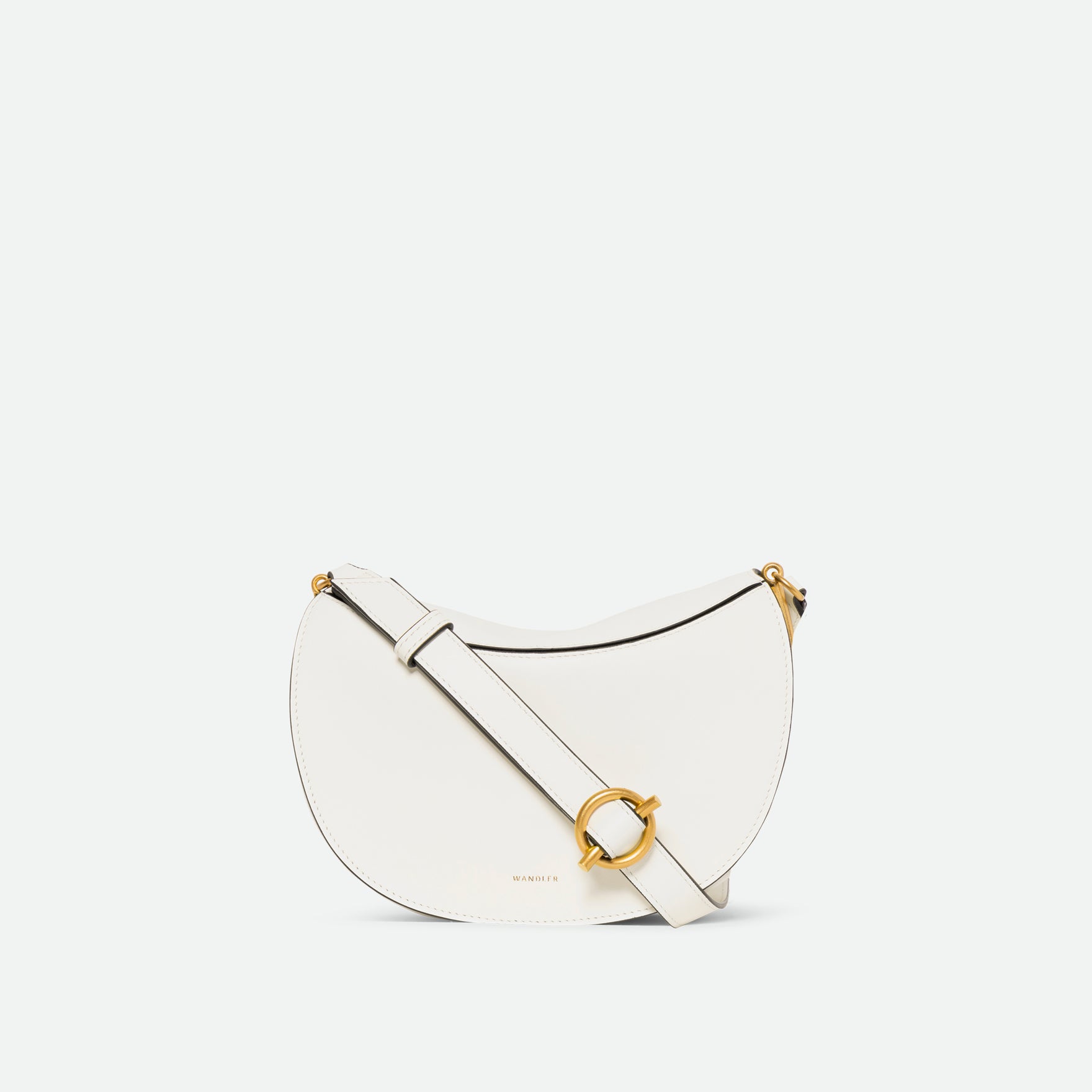 Wandler Kate Bag in the color Luck, white, Italian calf leather with golden hardware and adjustable shoulder strap, front view.