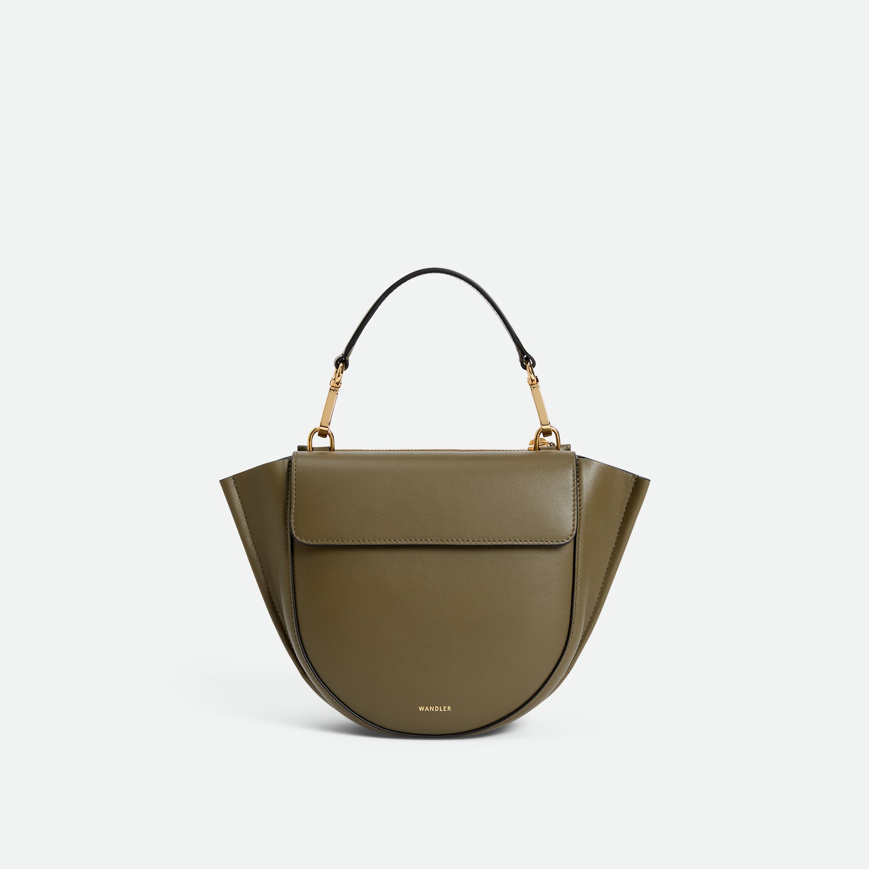 Wandler Hortensia Bag Mini in the color Deep Olive, Olive green, made from Italian calf leather with golden hardware, rounded silhouette and top handle, front view.