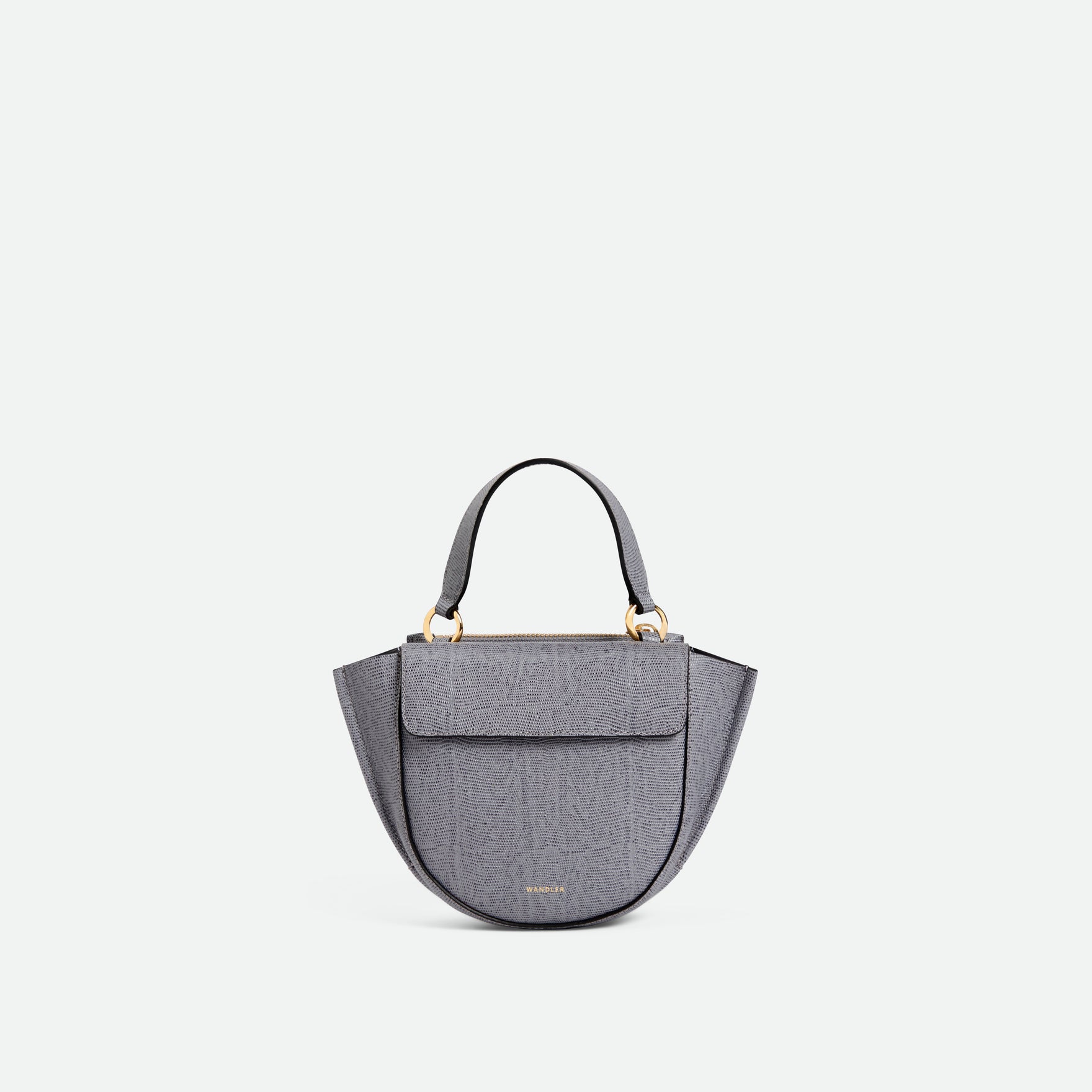 Wandler Hortensia Bag Piccola in the color  Grey Lizzard, grey with lizard motive, made from Italian calf leather with golden hardware and rounded silhouette, front view.