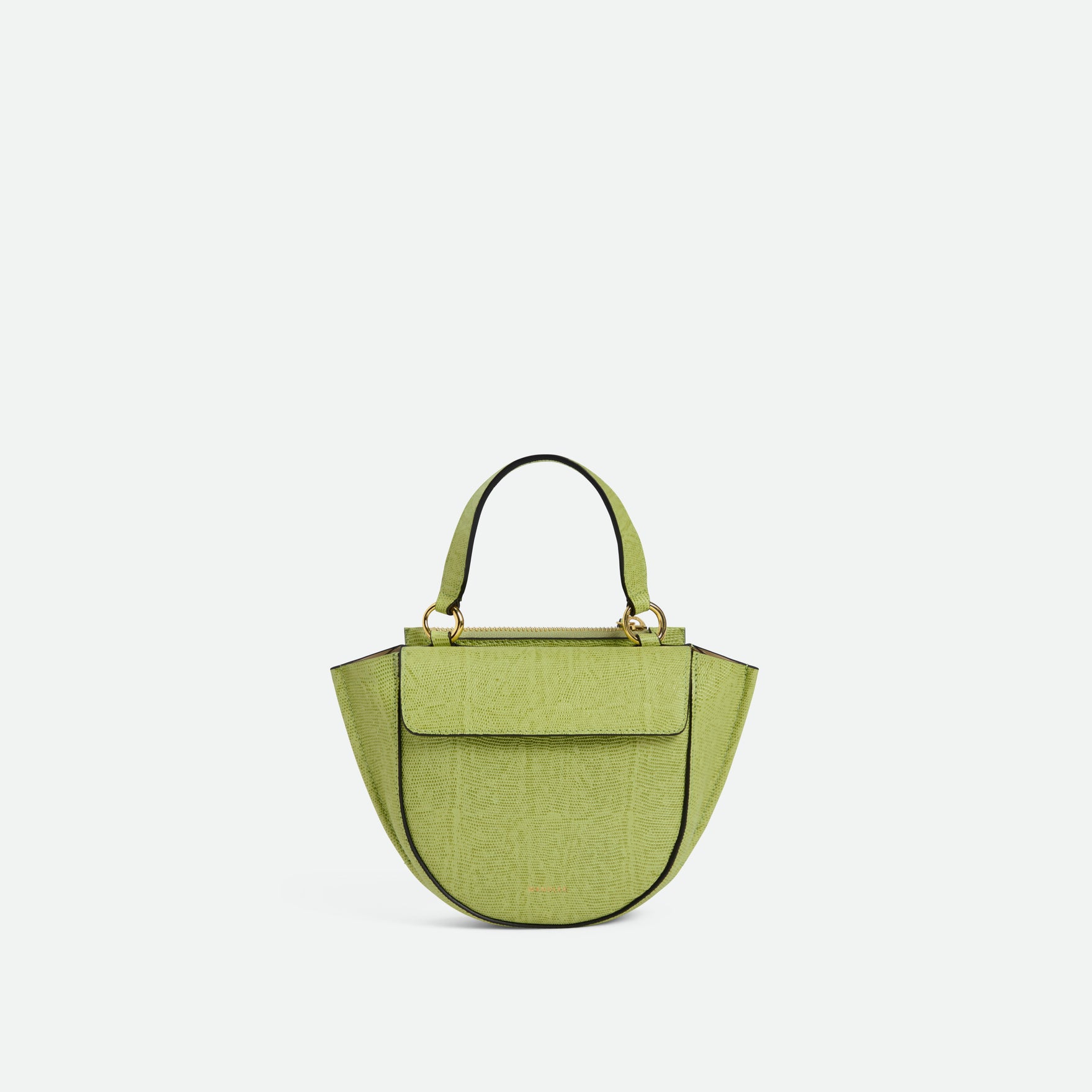 Wandler Hortensia Bag Piccola in the color Lime Lizzard, green, made from Italian calf leather with golden hardware and rounded silhouette, front view.

