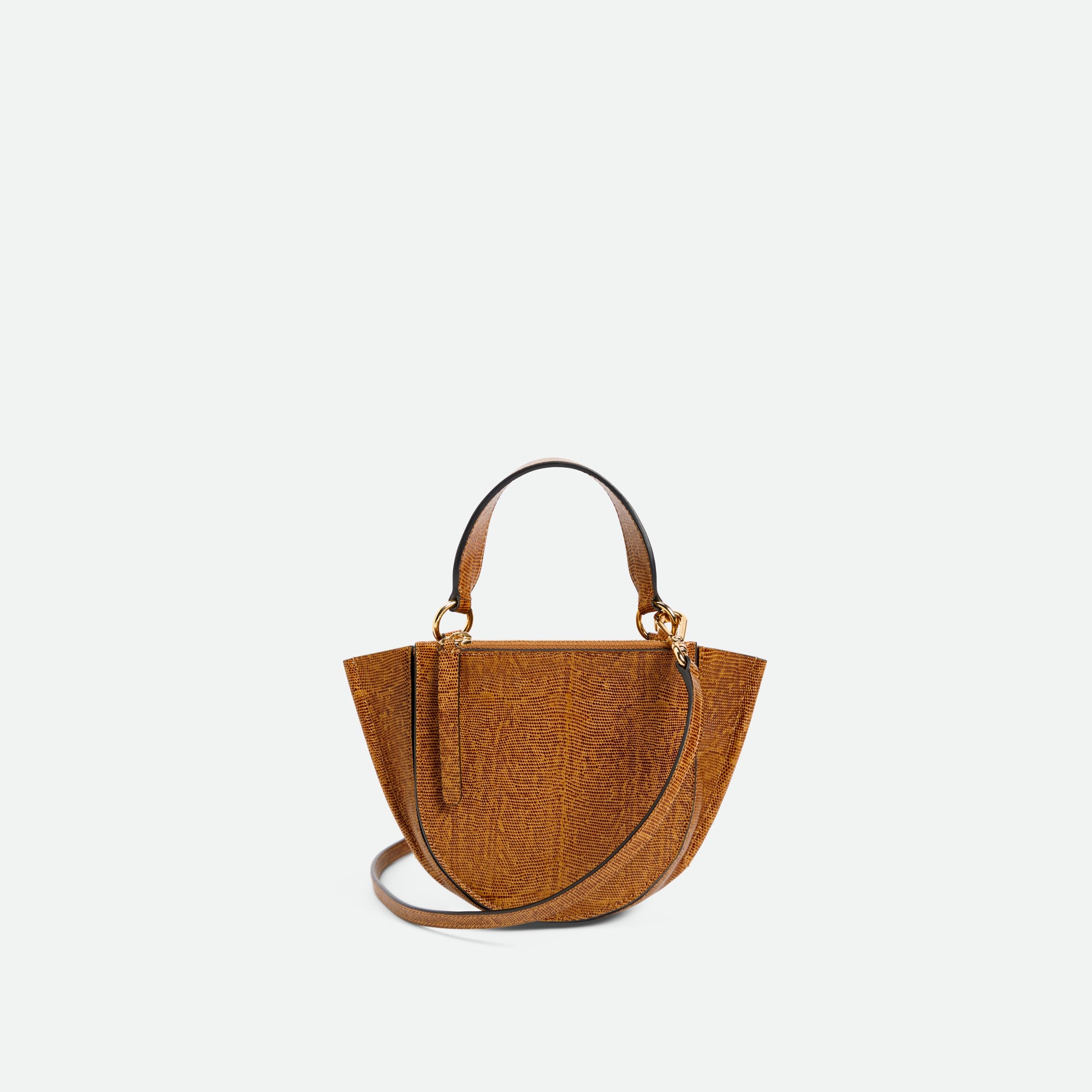 Wandler Hortensia Bag Piccola in the color  Tabacco Lizzard, warm light brown with lizzard motive, Italian calf leather with golden hardware and rounded silhouette, backside view.