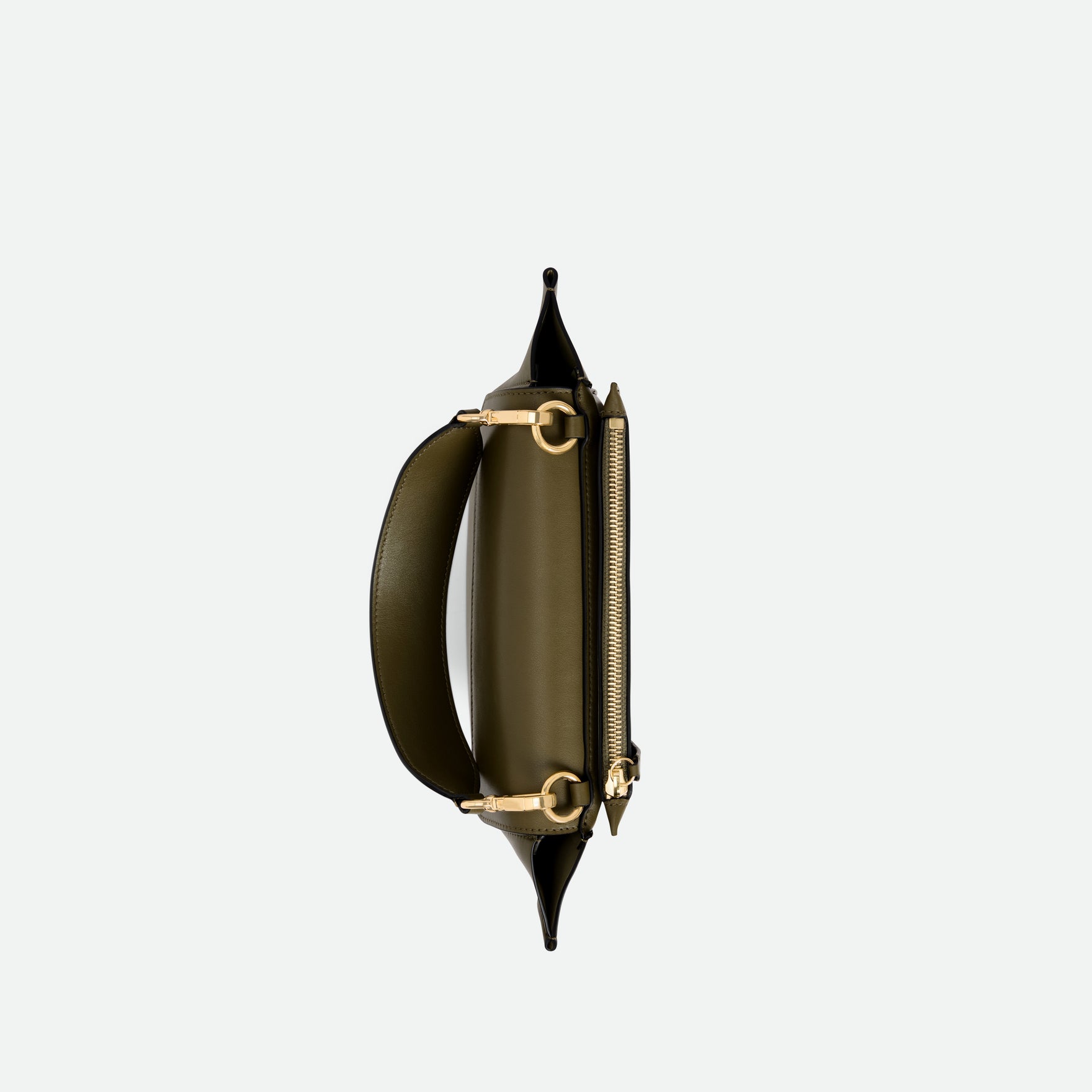 Wandler Hortensia Bag Small in the color Deep Olive, dark green, Italian calf leather with golden hardware and rounded silhouette, topside view, overhead shot.