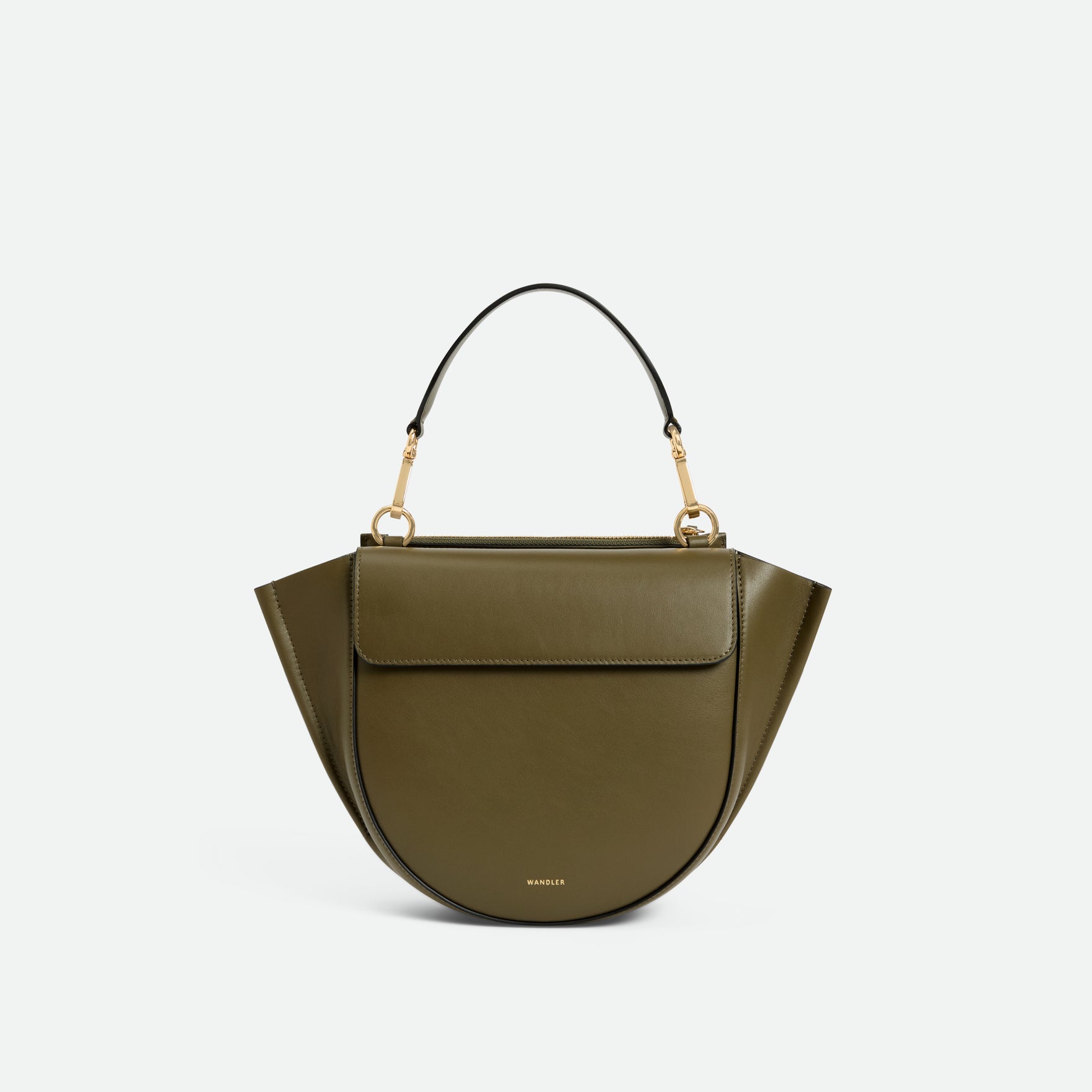 Wandler Hortensia Bag Small in the color Deep Olive, dark green, Italian calf leather with golden hardware and rounded silhouette, front view.