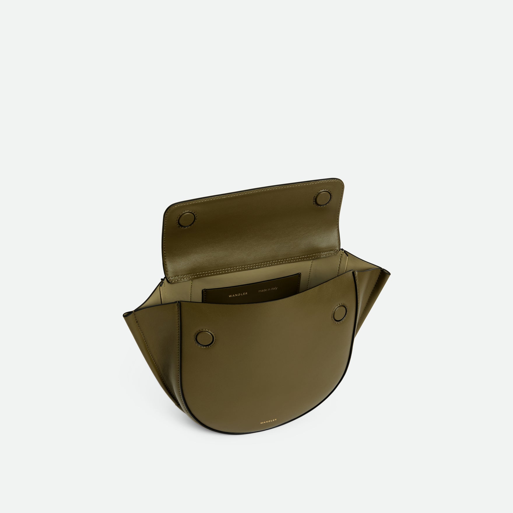 Wandler Hortensia Bag Small in the color Deep Olive, dark green, Italian calf leather with golden hardware and rounded silhouette. The bag is pictured from the front with the flap open, giving a slight view of the inside of the bag.
