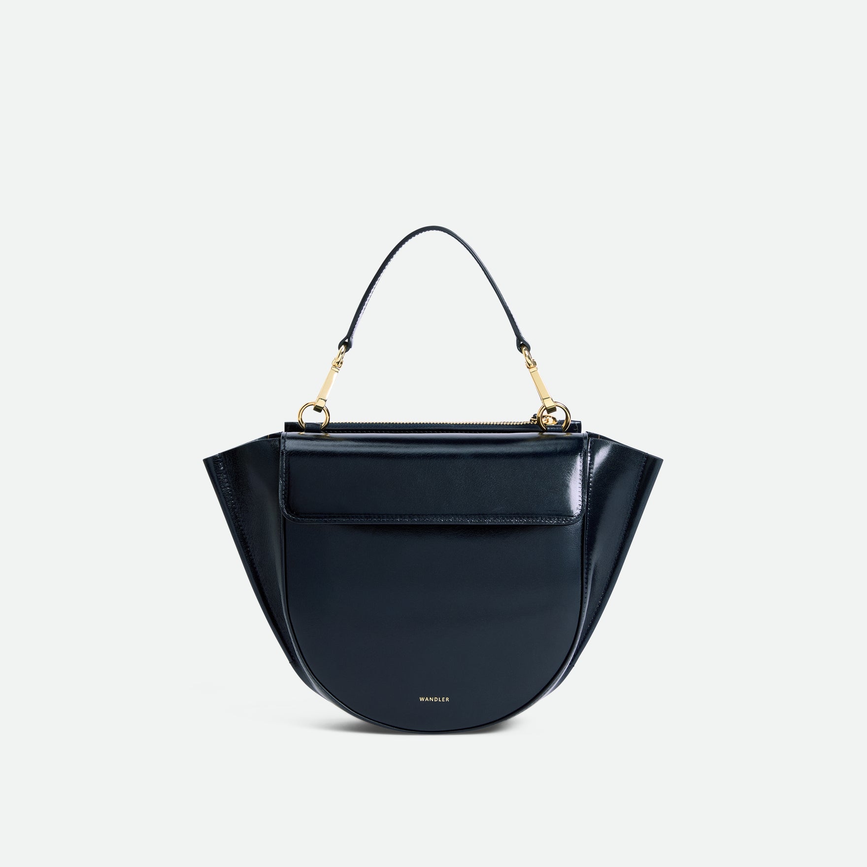 Wandler Hortensia Bag Small in the color Orion Glaze, deep dark blue, Italian calf leather with golden hardware and rounded silhouette, front view.