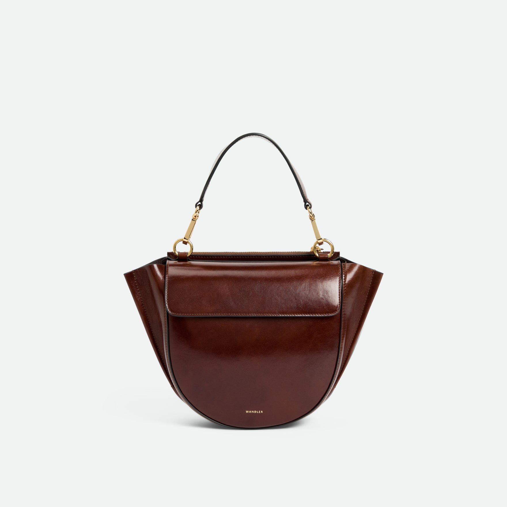 Wandler Hortensia Bag Small in the color Palissander Glaze, deep brown dark red undertones, Italian calf leather with golden hardware and rounded silhouette, front view.