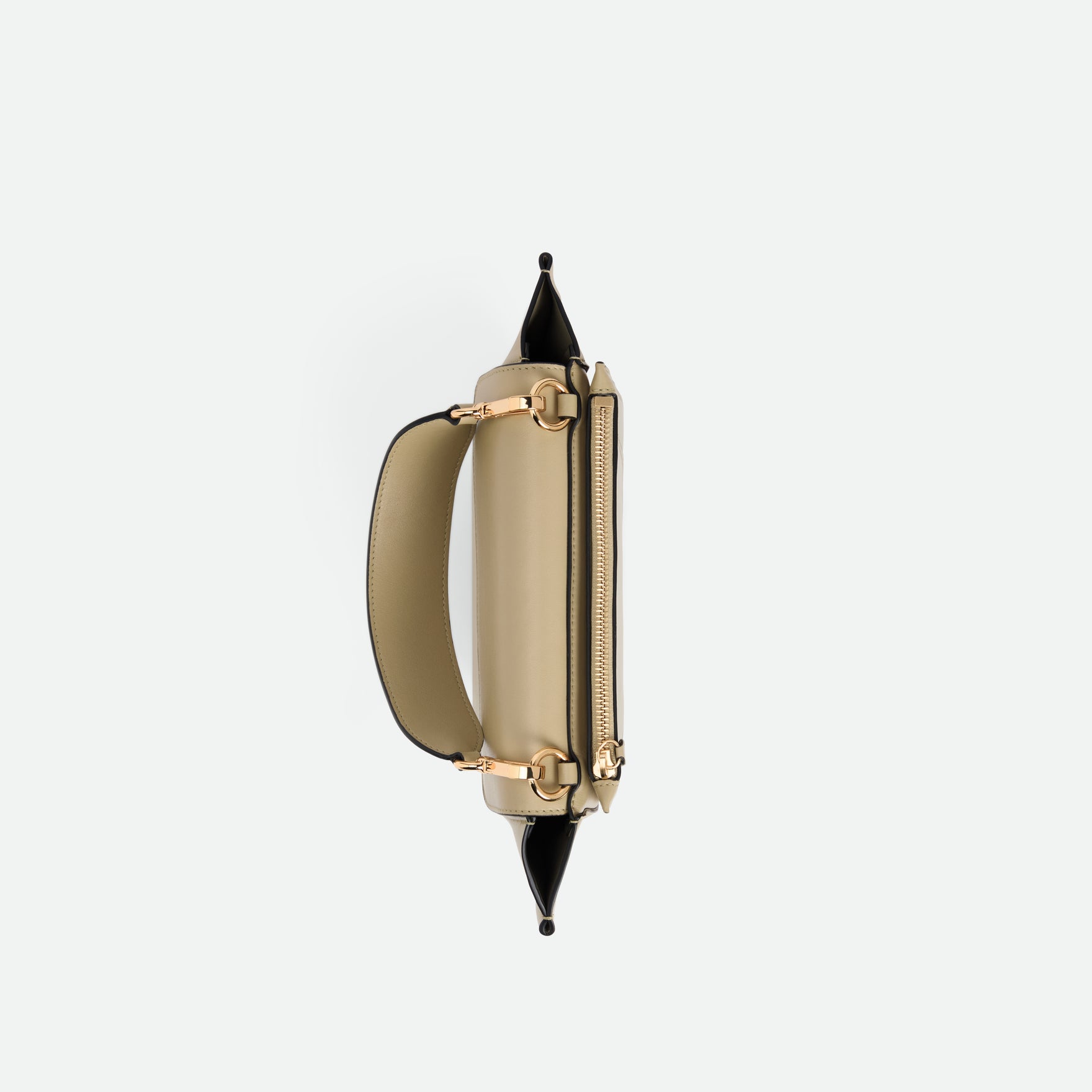 Wandler Hortensia Bag Small in the color Peper, dark beige, Italian calf leather with golden hardware and rounded silhouette, topside view, overhead shot.