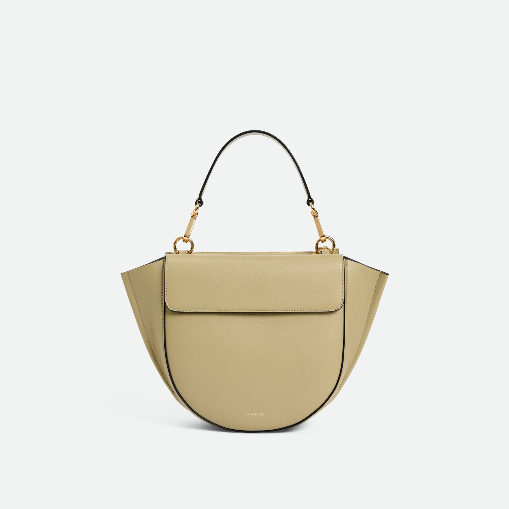 Wandler Hortensia Bag Small in the color Peper, dark beige, Italian calf leather with golden hardware and rounded silhouette, front view.
