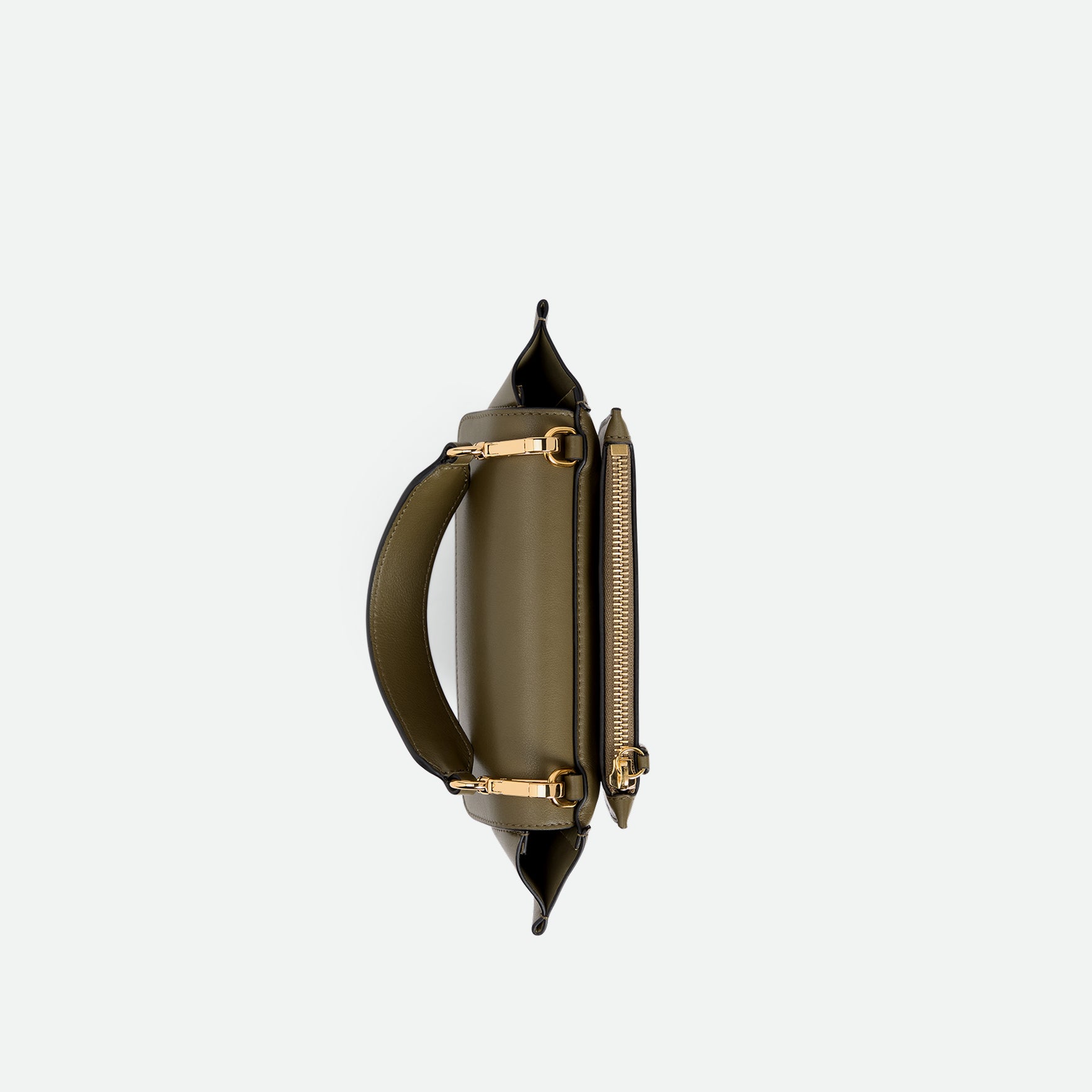 Wandler Hortensia Bag Mini in the color Deep Olive, Olive green, made from Italian calf leather with golden hardware, rounded silhouette and top handle, topside view. 
