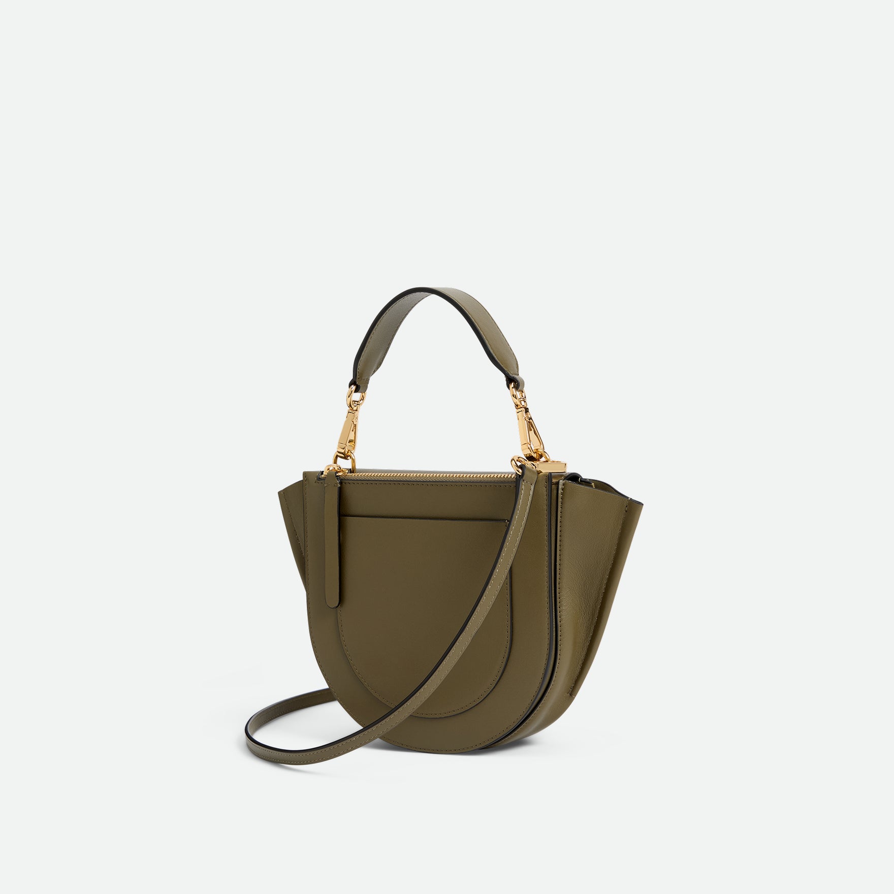 Wandler Hortensia Bag Mini in the color Deep Olive, Olive green, made from Italian calf leather with golden hardware, rounded silhouette and top handle, backside view, three quarters angle. 