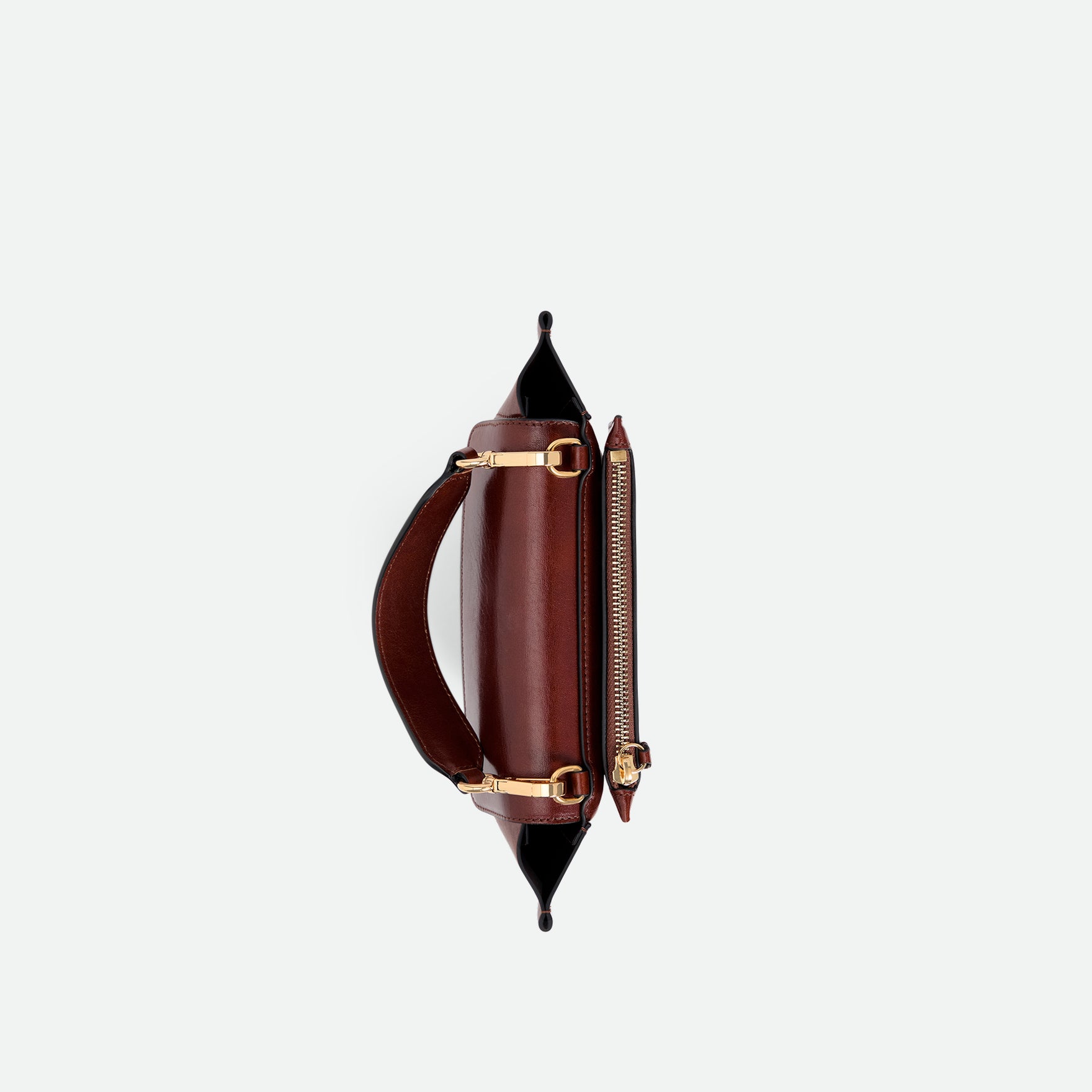 Wandler Hortensia Bag Mini in the color Palissander Glaze, deep dark brown with red undertones, made from Italian calf leather with golden hardware, rounded silhouette and top handle, topside view. 