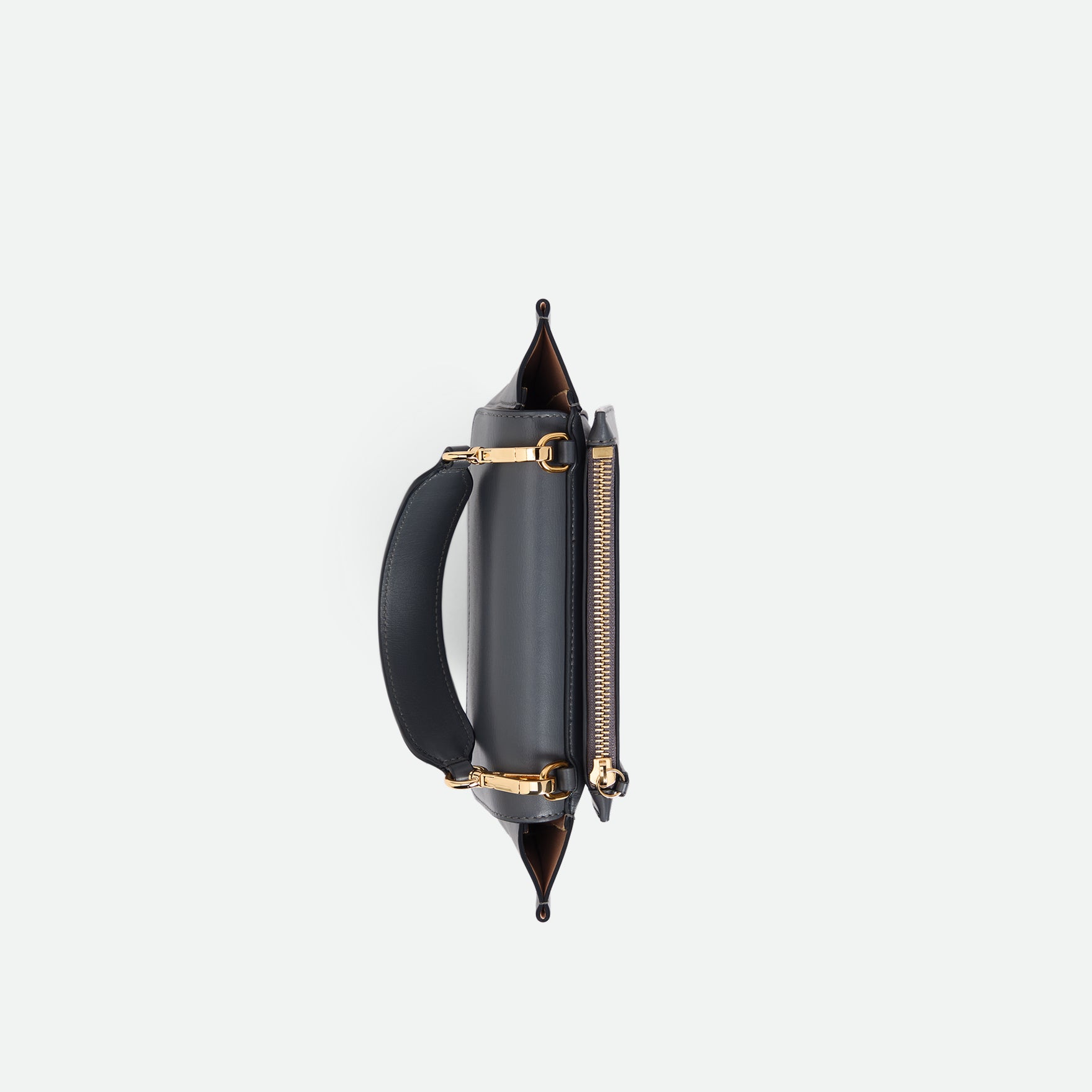 Wandler Hortensia Bag Mini in the color Space, grey, made from Italian calf leather with golden hardware, rounded silhouette and top handle, topside view.