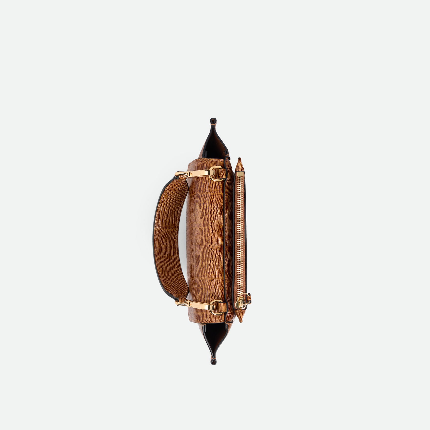 Wandler Hortensia Bag Mini in the color Tabacco Lizzard, warm brown with lizzard motive, made from Italian calf leather with golden hardware, rounded silhouette and top handle, topside view. 