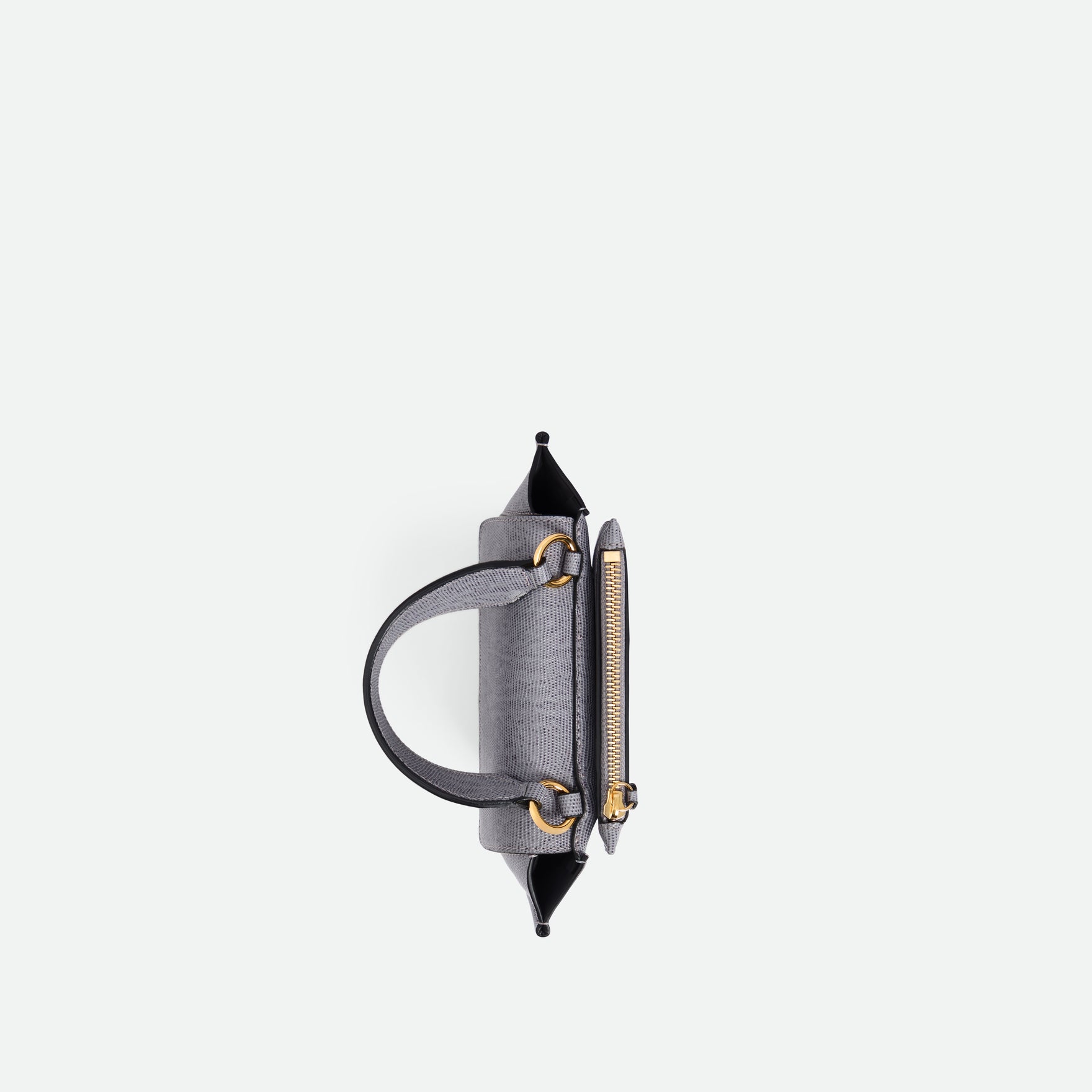 Wandler Hortensia Bag Piccola in the color  Grey Lizzard, grey with lizard motive, made from Italian calf leather with golden hardware and rounded silhouette, topside view.