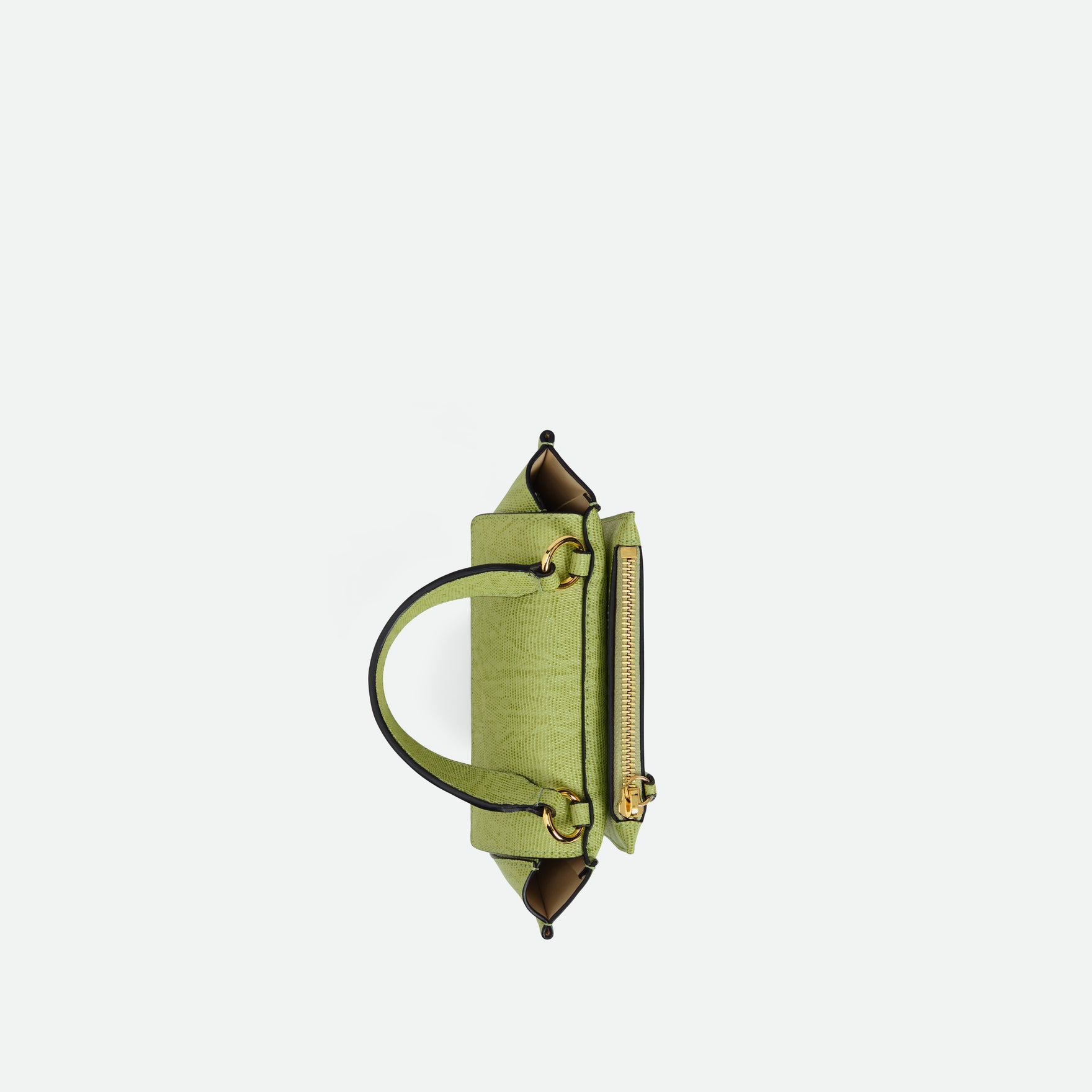 Wandler Hortensia Bag Piccola in the color Lime Lizzard, green, made from Italian calf leather with golden hardware and rounded silhouette, topside view.