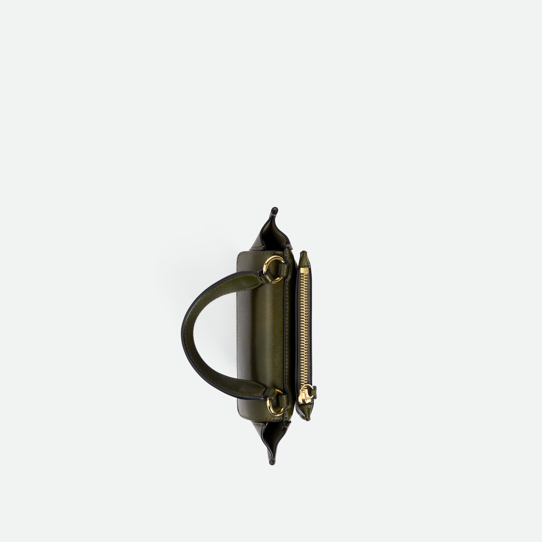 Wandler Hortensia Bag Piccola in the color Olive Ombre, deep dark green, made from Italian calf leather with golden hardware and rounded silhouette, topside view. 
