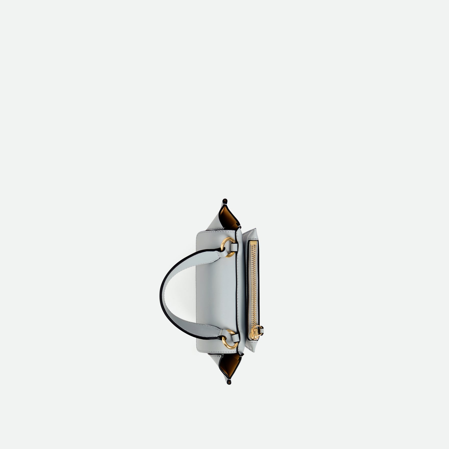 Wandler Hortensia Bag Piccola in the color  Steel, cold grey, made from Italian calf leather with golden hardware and rounded silhouette, topside view.