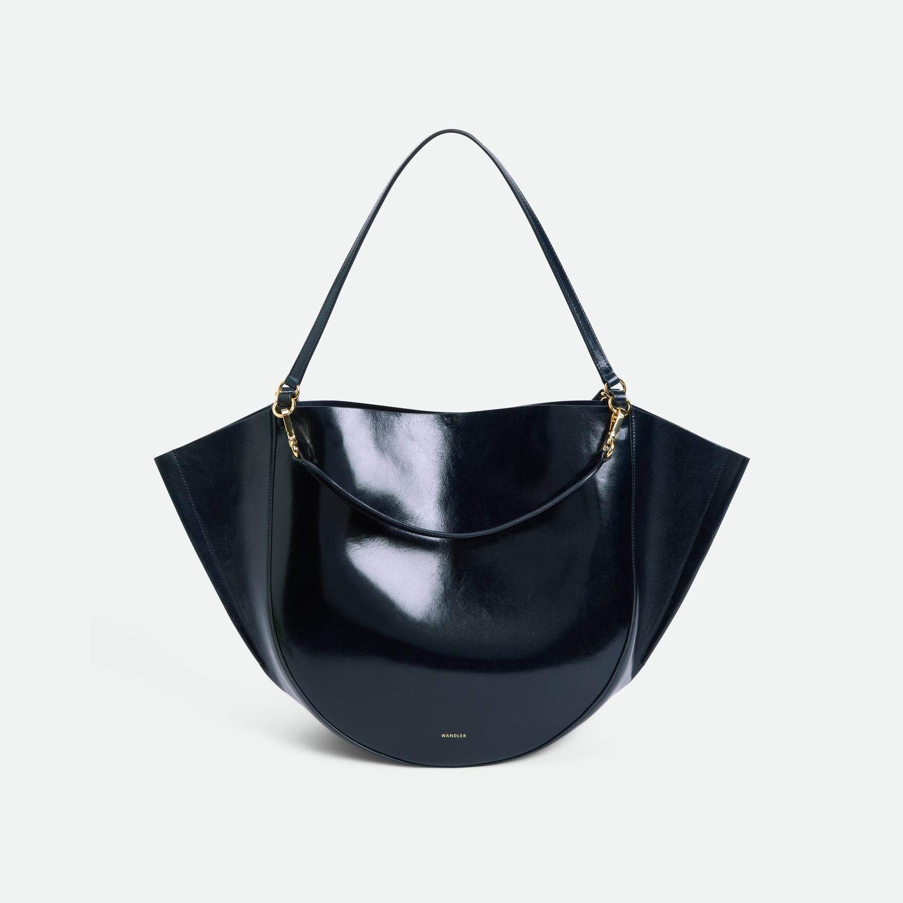Wandler Hortensia Tote in Orion Glaze Italian calf leather with golden hardware, hand-painted edges and rounded silhouette, front view.