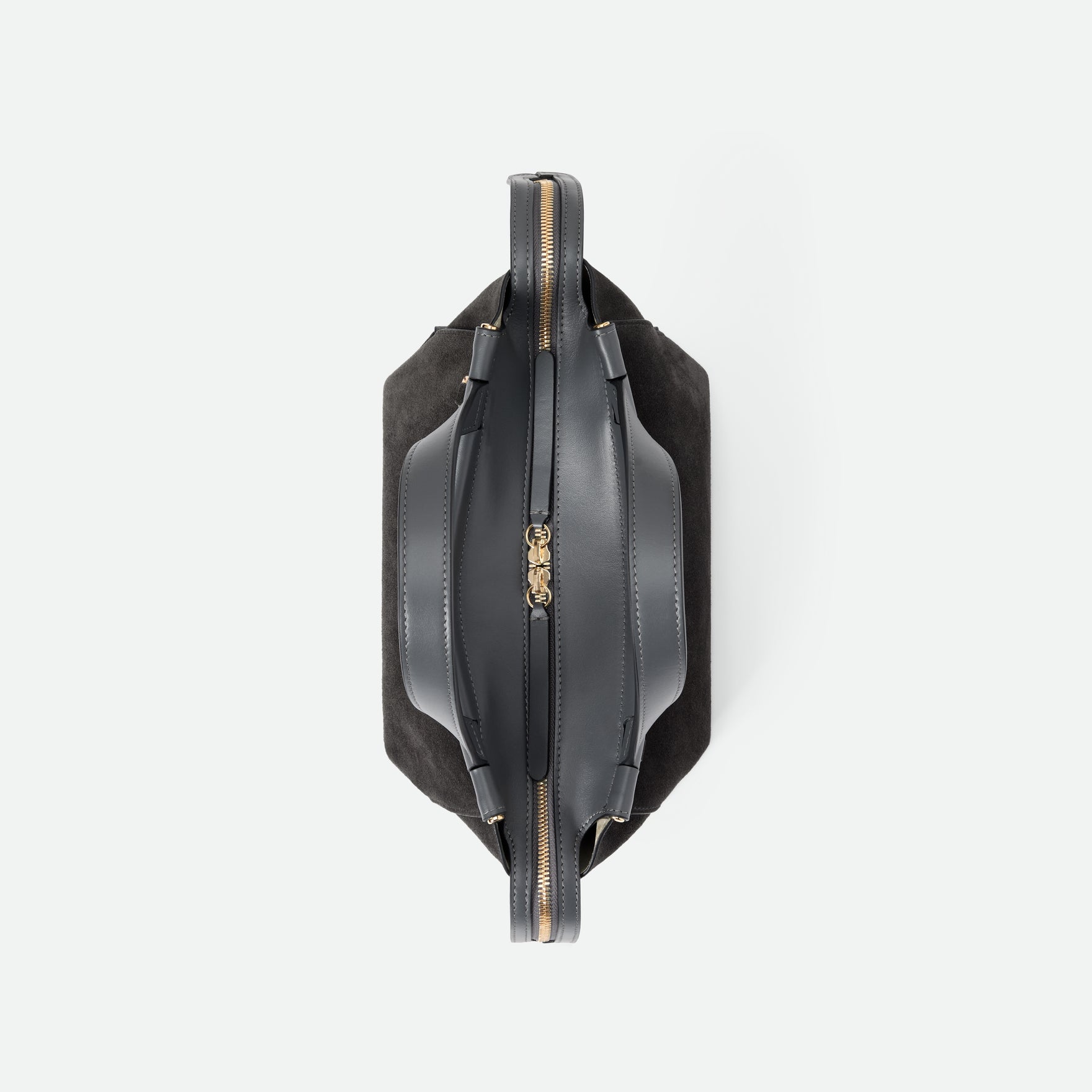 Wandler Ida Bag in the color Space Suede, made from Italian calf leather with golden hardware and sculptural top handle, topside view. 