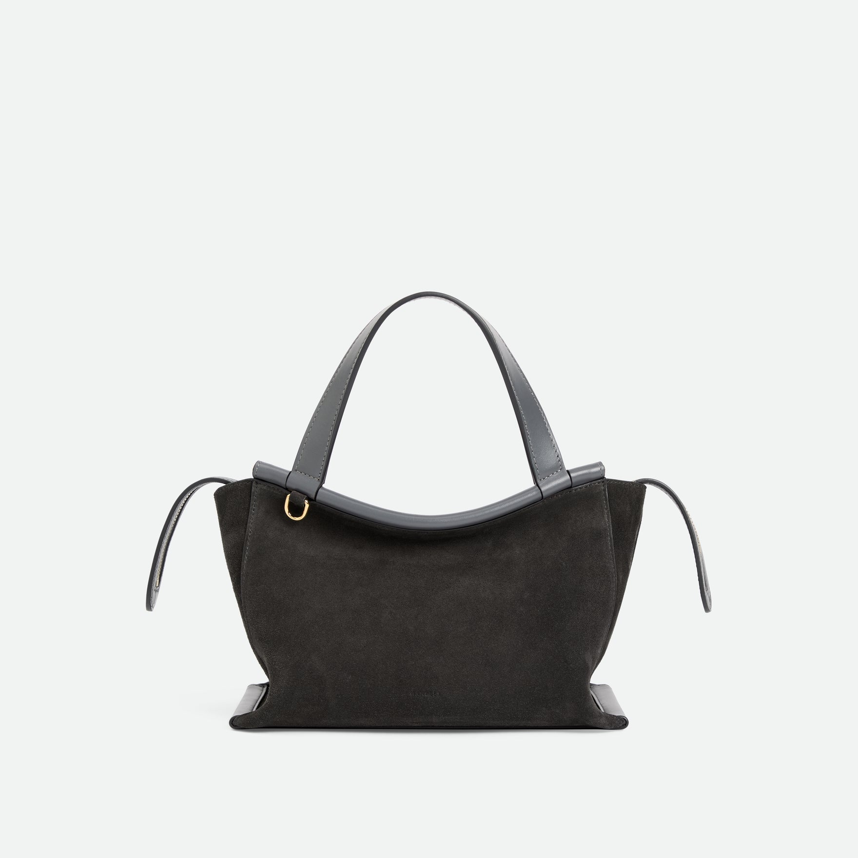 Wandler Ida Bag in the color Space Suede, made from Italian calf leather with golden hardware and sculptural top handle, front view.