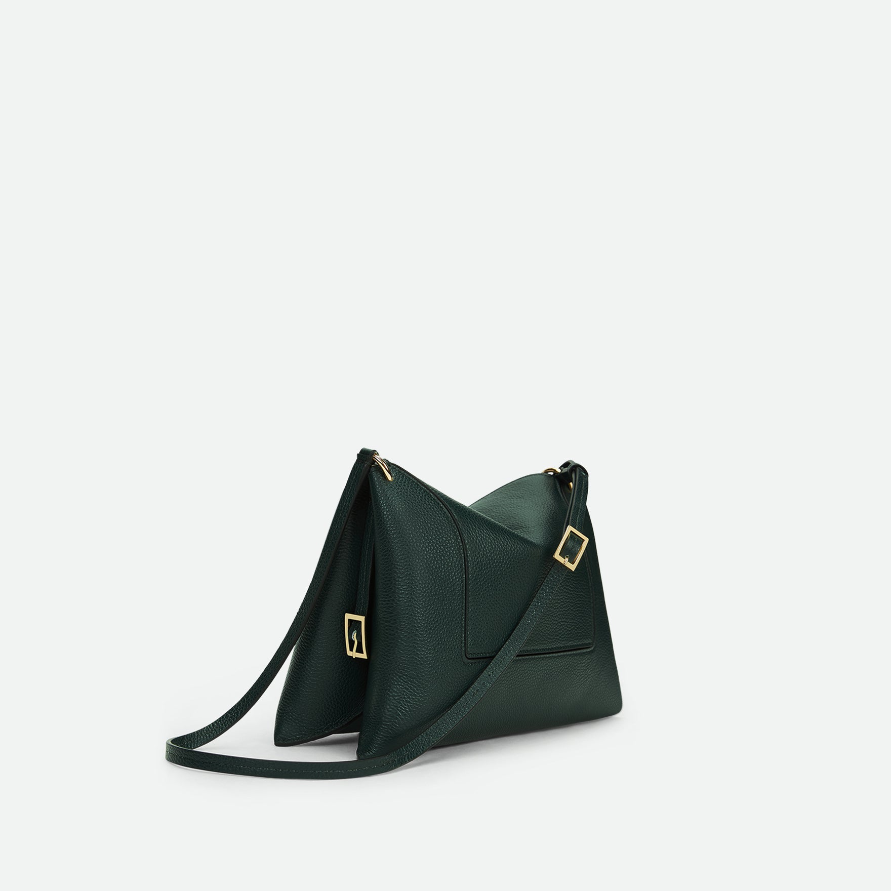Wandler Penelope Slouch Bag in the color Pine Crust, made from calf leather with golden hardware and adjustable slim strap, side view.