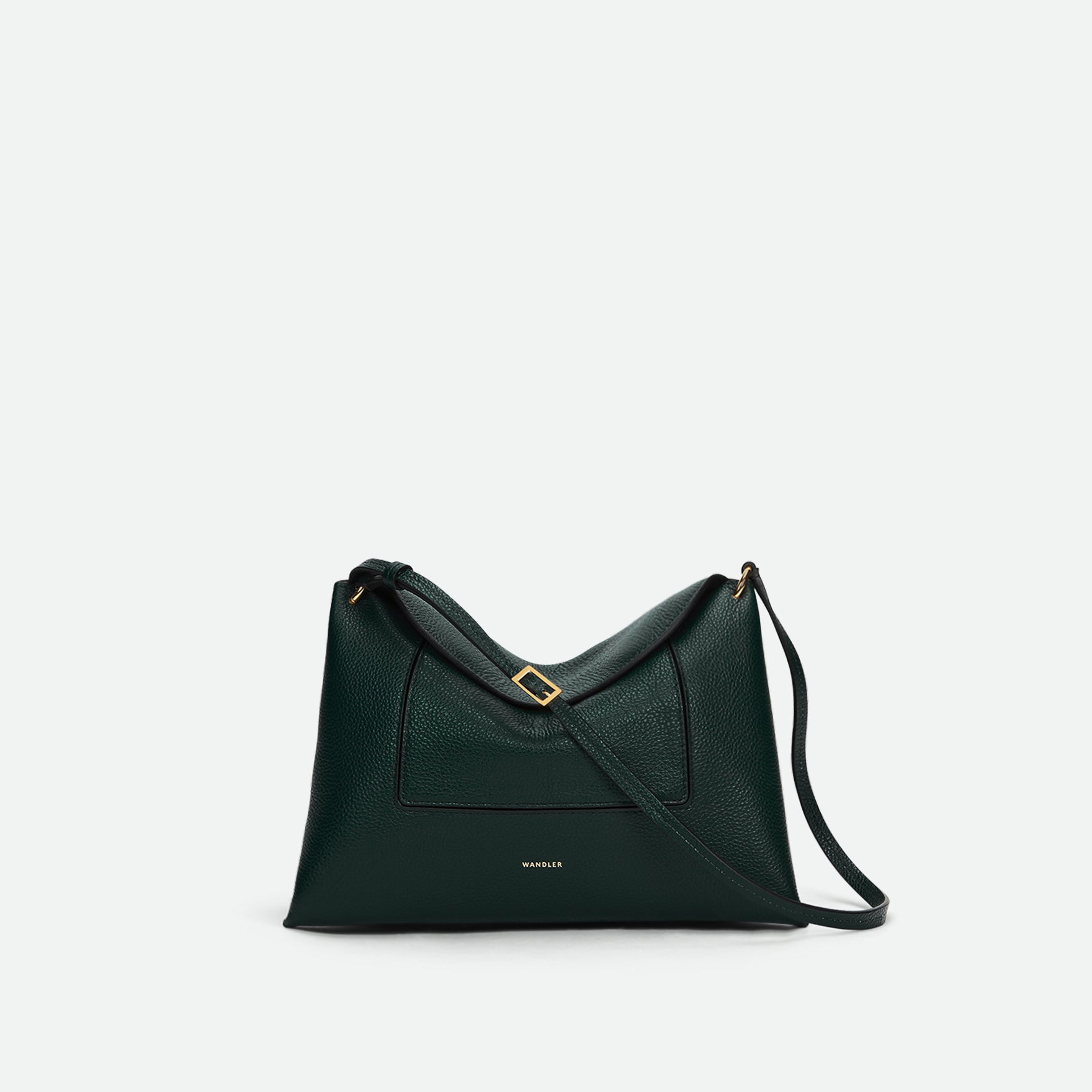 Wandler Penelope Slouch Bag in the color Pine Crust, made from calf leather with golden hardware and adjustable slim strap, front view.