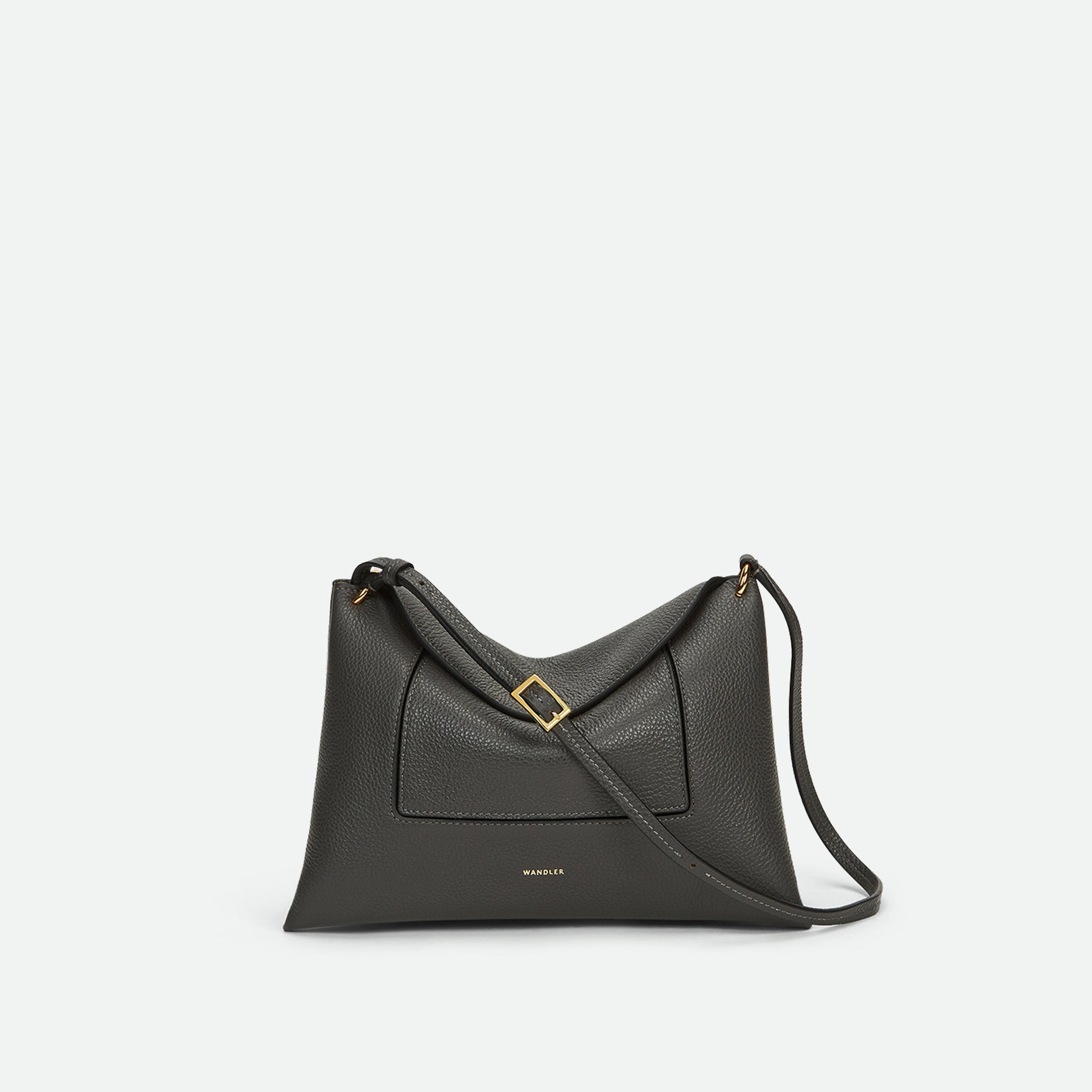 Wandler Penelope Slouch Bag in the colour Space Crust, grey, made from smooth calf leather with golden hardware and adjustable slim strap, front view.