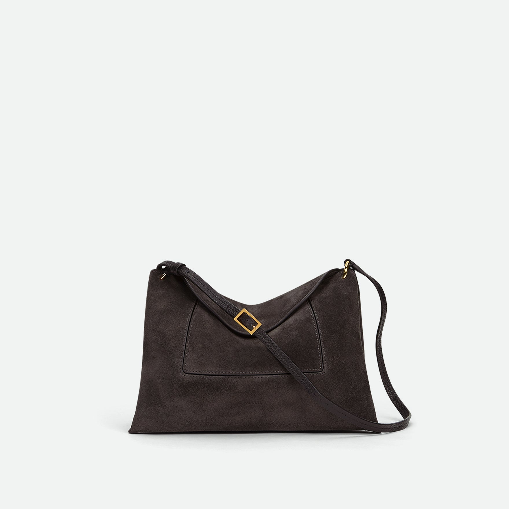 Wandler Penelope Slouch Bag in the colour Space Suede, grey, made from smooth calf leather with golden hardware and adjustable slim strap, front view