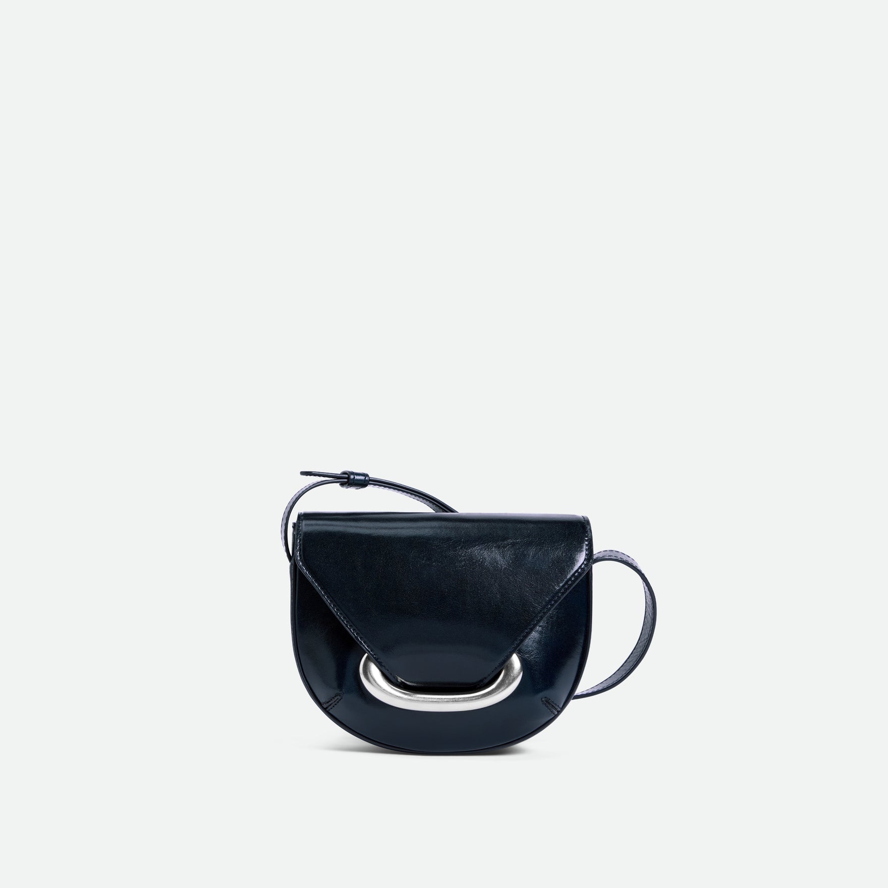 Wandler Veneto Crossbody Small in Orion Glaze, deep dark blue, Italian calf leather with silver clasp hardware and structured silhouette, front view.