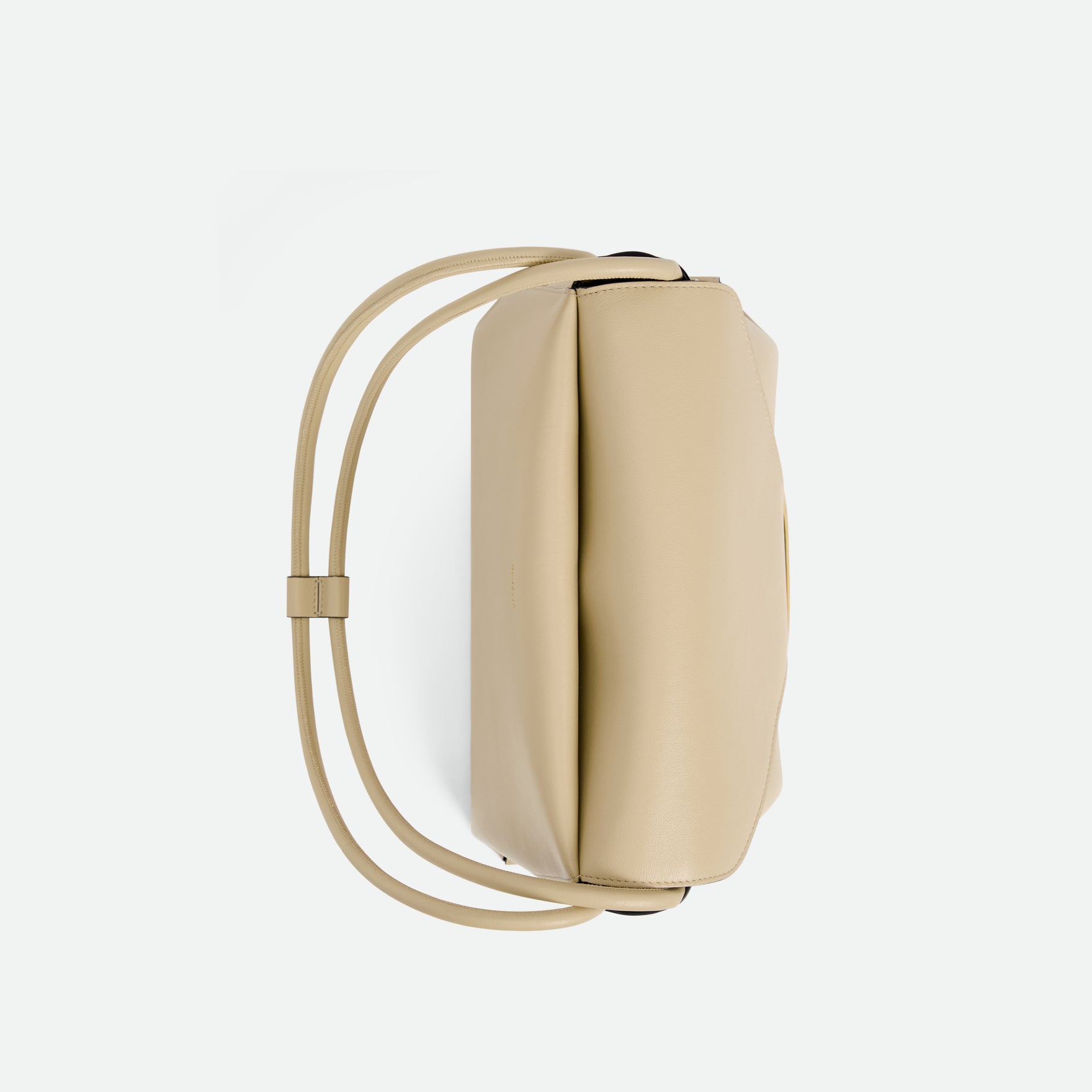 Wandler Veneto Shoulder Bag in the color Linen, beige, Italian calf leather with oversized golden clasp hardware and structured silhouette, topside view.