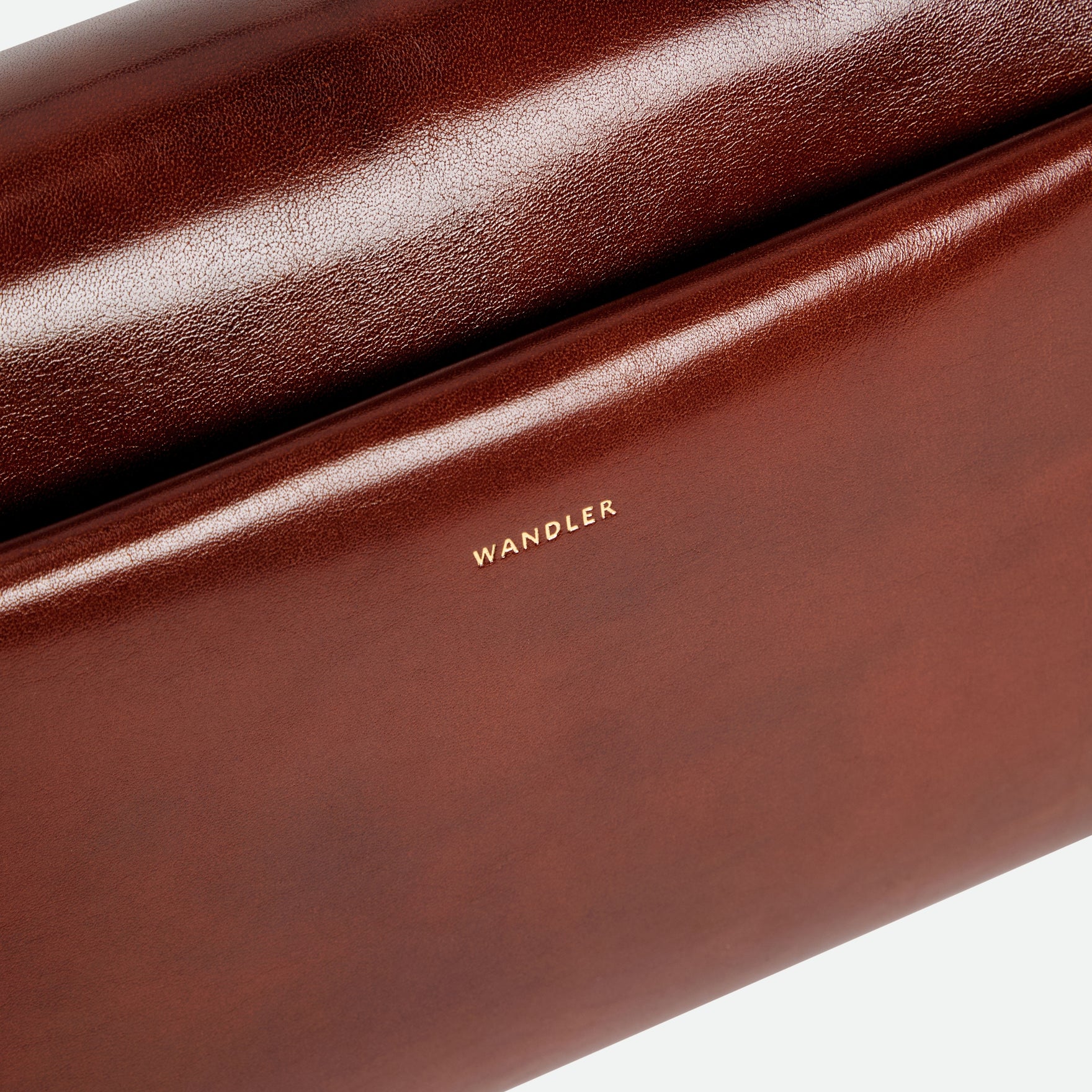 Wandler Veneto Shoulder Bag in the color in Palissander Glaze, deep dark red, Italian calf leather with oversized golden clasp hardware and structured silhouette, close up detailing the logo and leather. 

