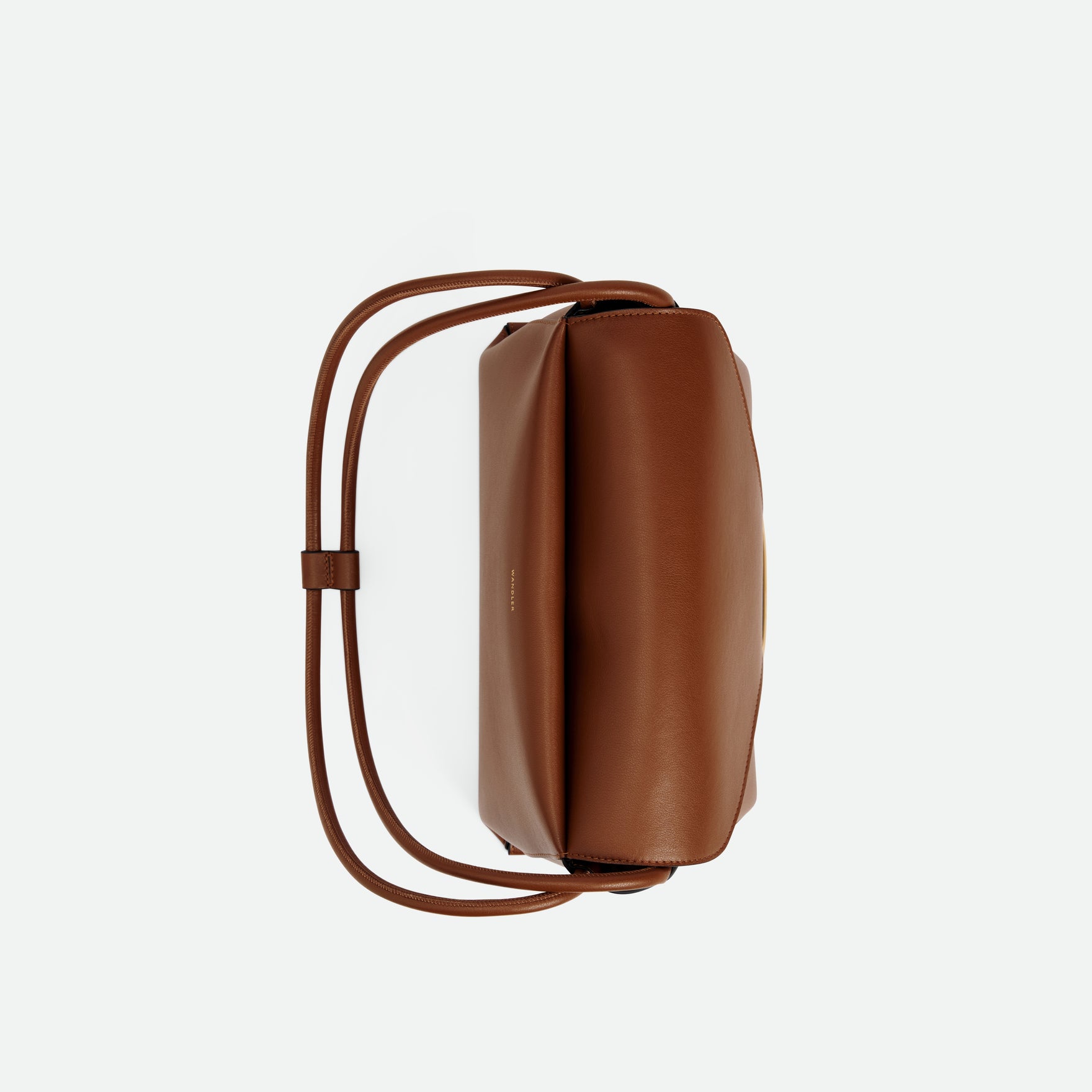 Wandler Veneto Shoulder Bag in the color Saddle, warm brown, Italian calf leather with oversized golden clasp hardware and structured silhouette, topside view. 