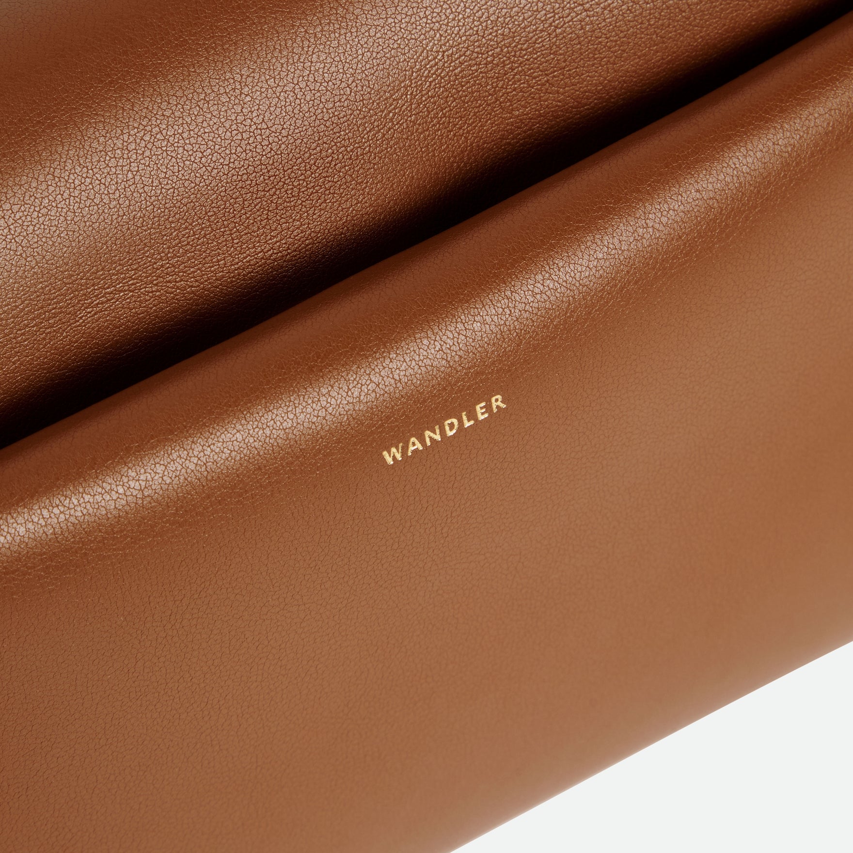 Wandler Veneto Shoulder Bag in the color Saddle, warm brown, Italian calf leather with oversized golden clasp hardware and structured silhouette, close up detailing the logo and the leather. 