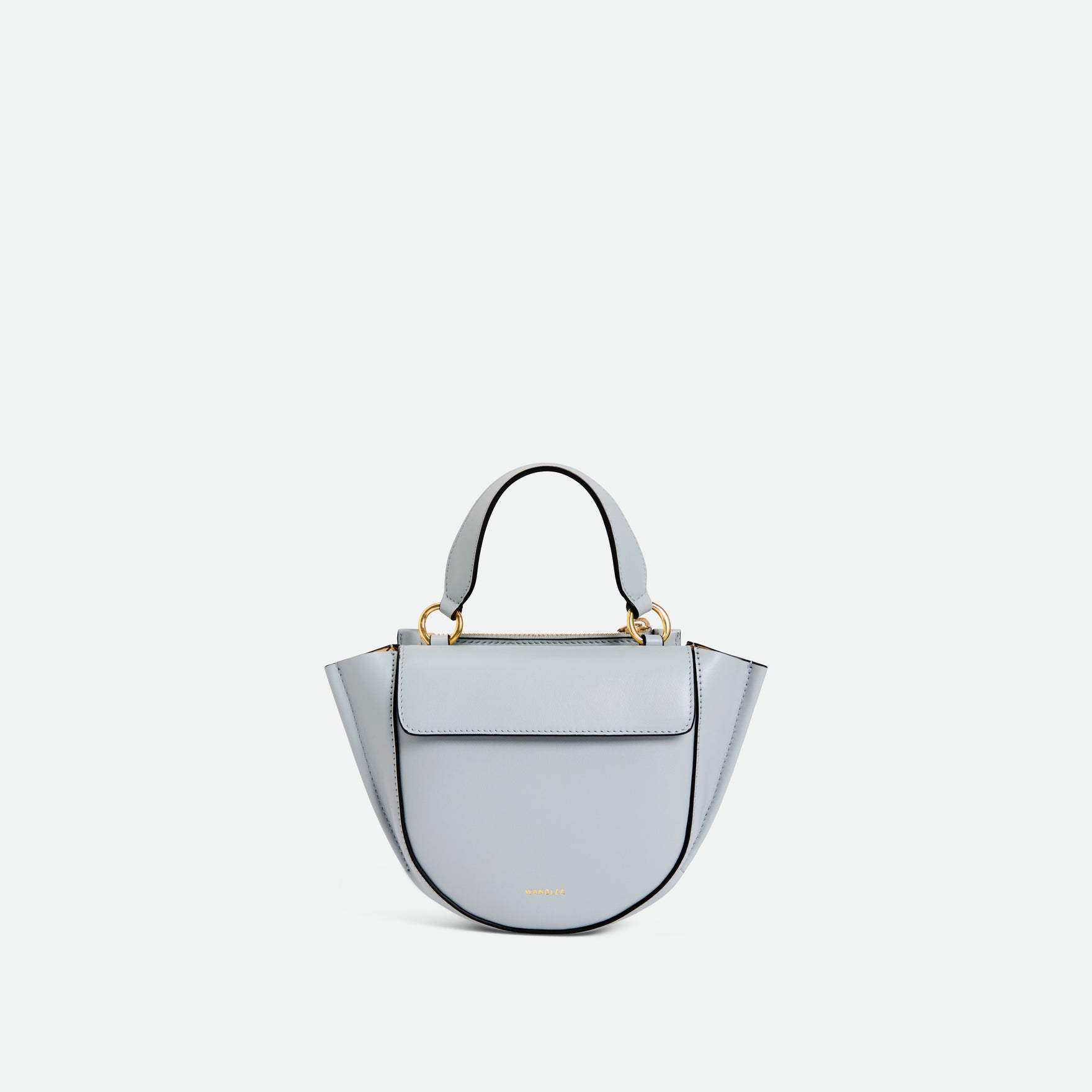 Wandler Hortensia Bag Piccola in the color  Steel, cold grey, made from Italian calf leather with golden hardware and rounded silhouette, front view.